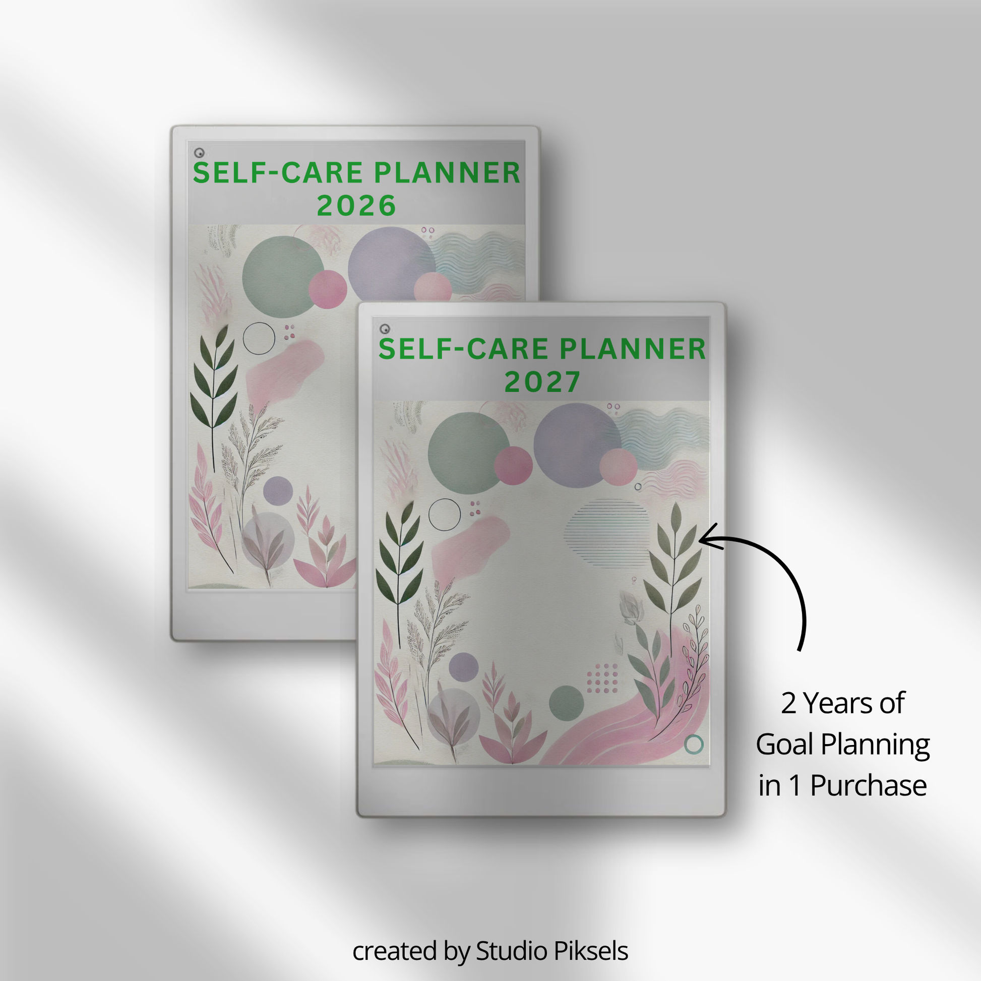 2026 + 2027 Self Care Planner for reMarkable Paper Pro featuring hyperlinked wellness, mood tracking, gratitude, habit, routine, goal, and reflection pages.