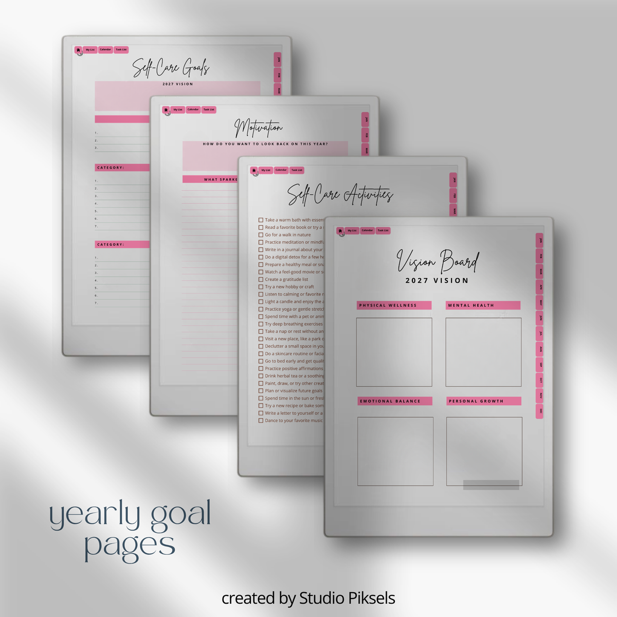 2026 + 2027 Self Care Planner for reMarkable Paper Pro featuring hyperlinked wellness, mood tracking, gratitude, habit, routine, goal, and reflection pages.