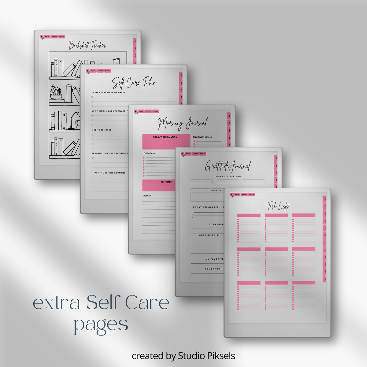 2026 + 2027 Self Care Planner for reMarkable Paper Pro featuring hyperlinked wellness, mood tracking, gratitude, habit, routine, goal, and reflection pages.