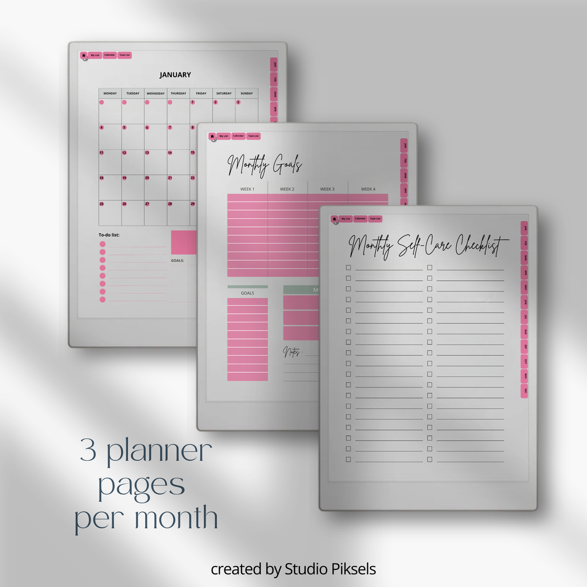 2026 + 2027 Self Care Planner for reMarkable Paper Pro featuring hyperlinked wellness, mood tracking, gratitude, habit, routine, goal, and reflection pages.