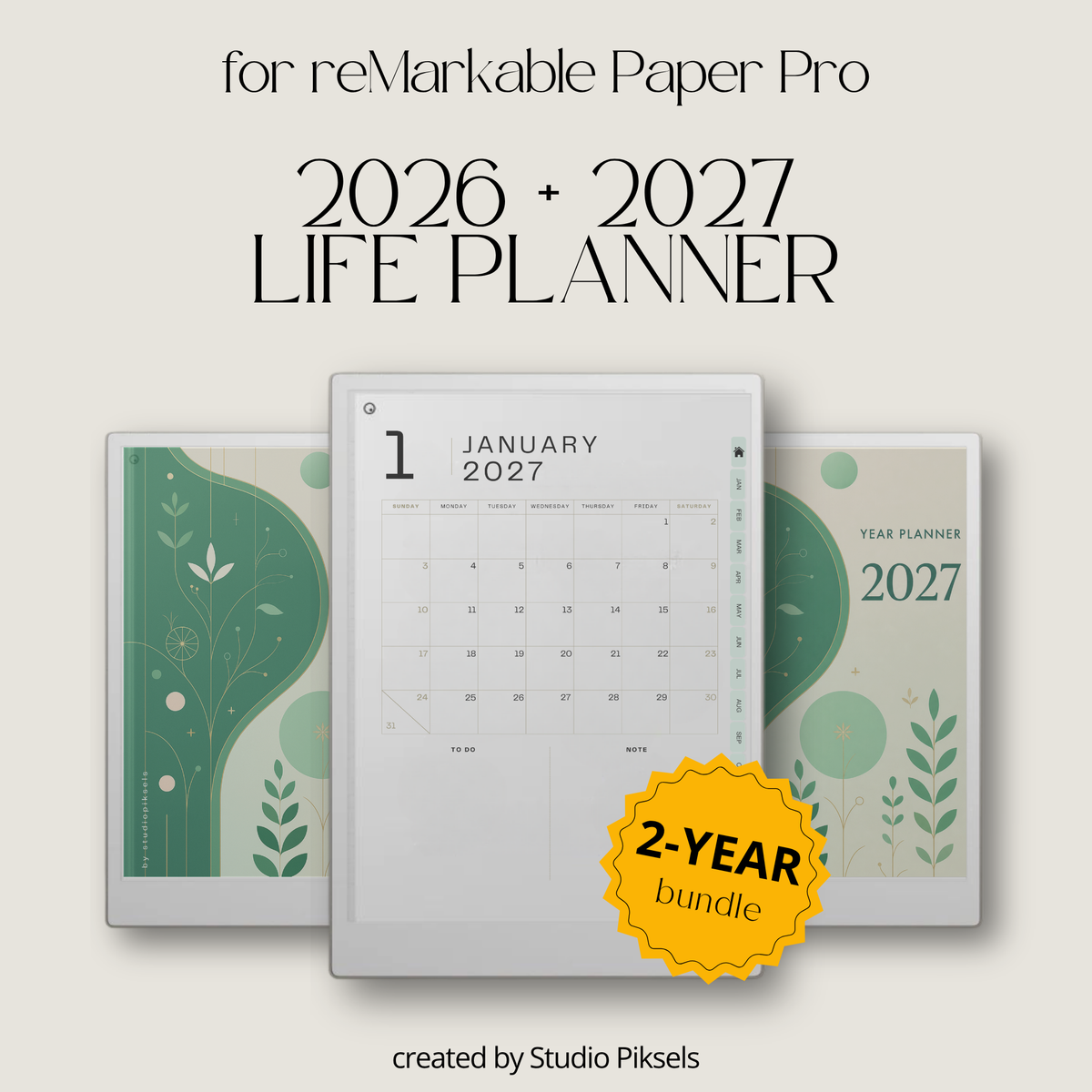 2026 + 2027 Ultimate Life Planner for reMarkable Paper Pro featuring hyperlinked yearly goals, monthly planning, budgeting, habit tracking, travel, and notes pages.