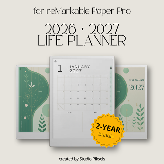 2026 + 2027 Ultimate Life Planner for reMarkable Paper Pro featuring hyperlinked yearly goals, monthly planning, budgeting, habit tracking, travel, and notes pages.