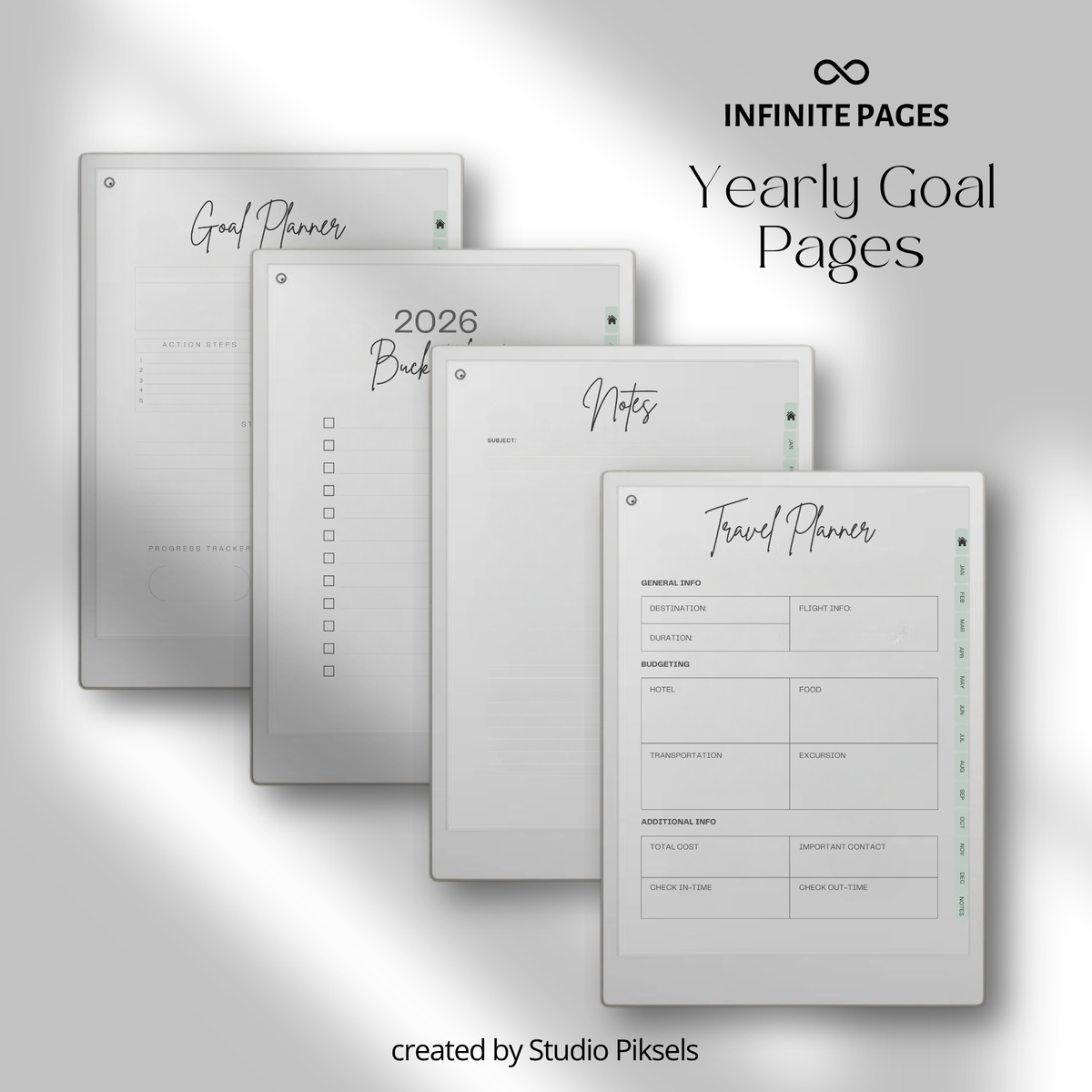 2026 + 2027 Ultimate Life Planner for reMarkable Paper Pro featuring hyperlinked yearly goals, monthly planning, budgeting, habit tracking, travel, and notes pages.