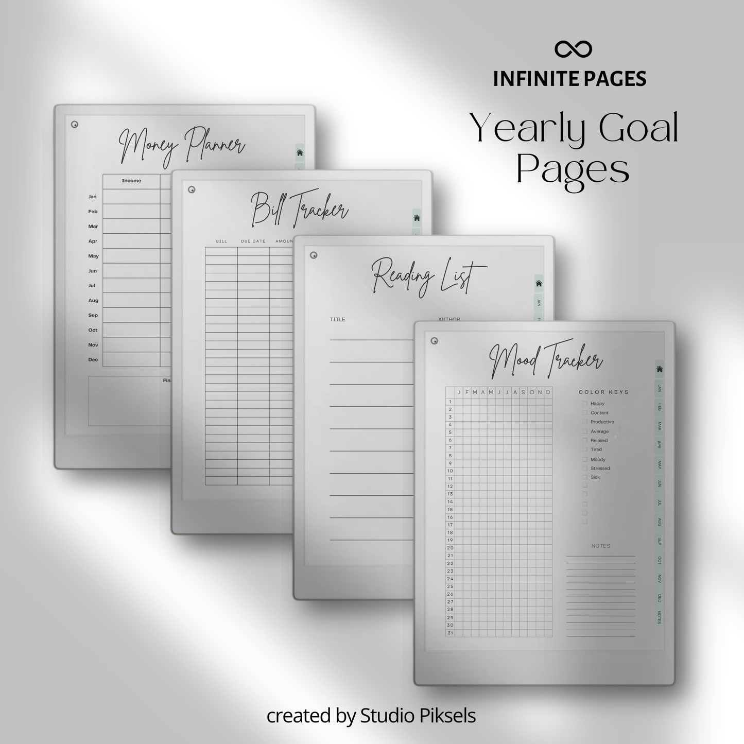 2026 + 2027 Ultimate Life Planner for reMarkable Paper Pro featuring hyperlinked yearly goals, monthly planning, budgeting, habit tracking, travel, and notes pages.