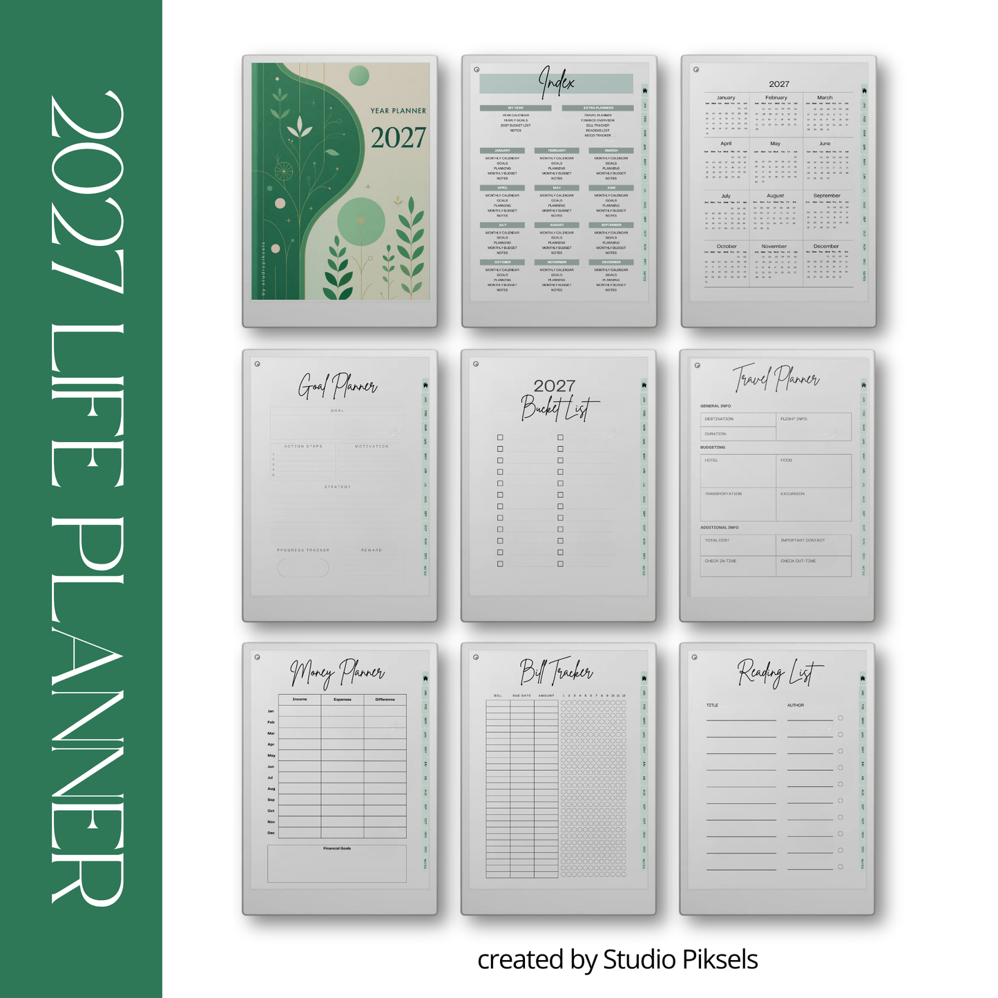 2026 + 2027 Ultimate Life Planner for reMarkable Paper Pro featuring hyperlinked yearly goals, monthly planning, budgeting, habit tracking, travel, and notes pages.