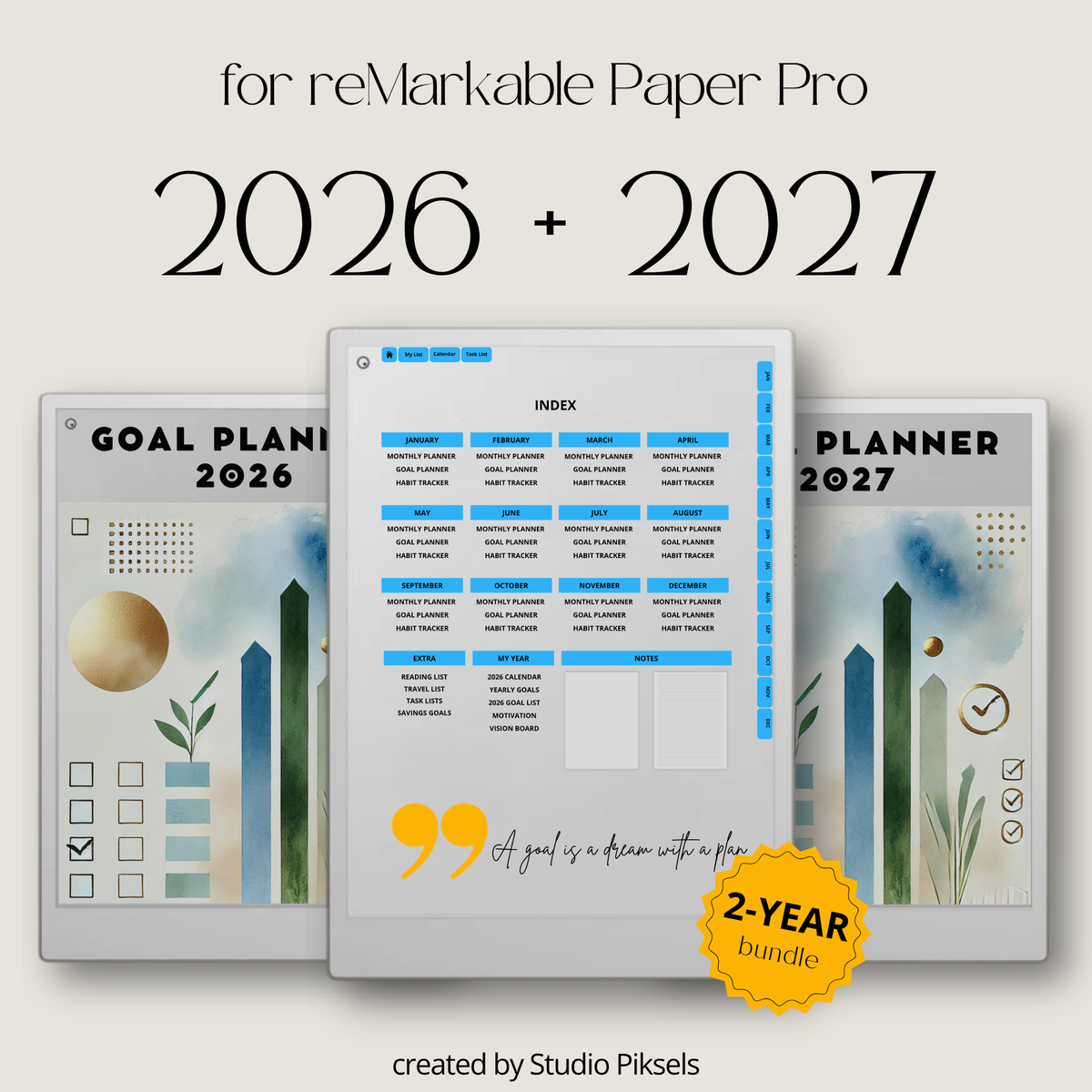 2026 and 2027 Goal Planner designed for reMarkable Paper Pro, featuring digital planning pages for setting goals, organizing priorities, tracking progress, and planning personal and professional objectives.