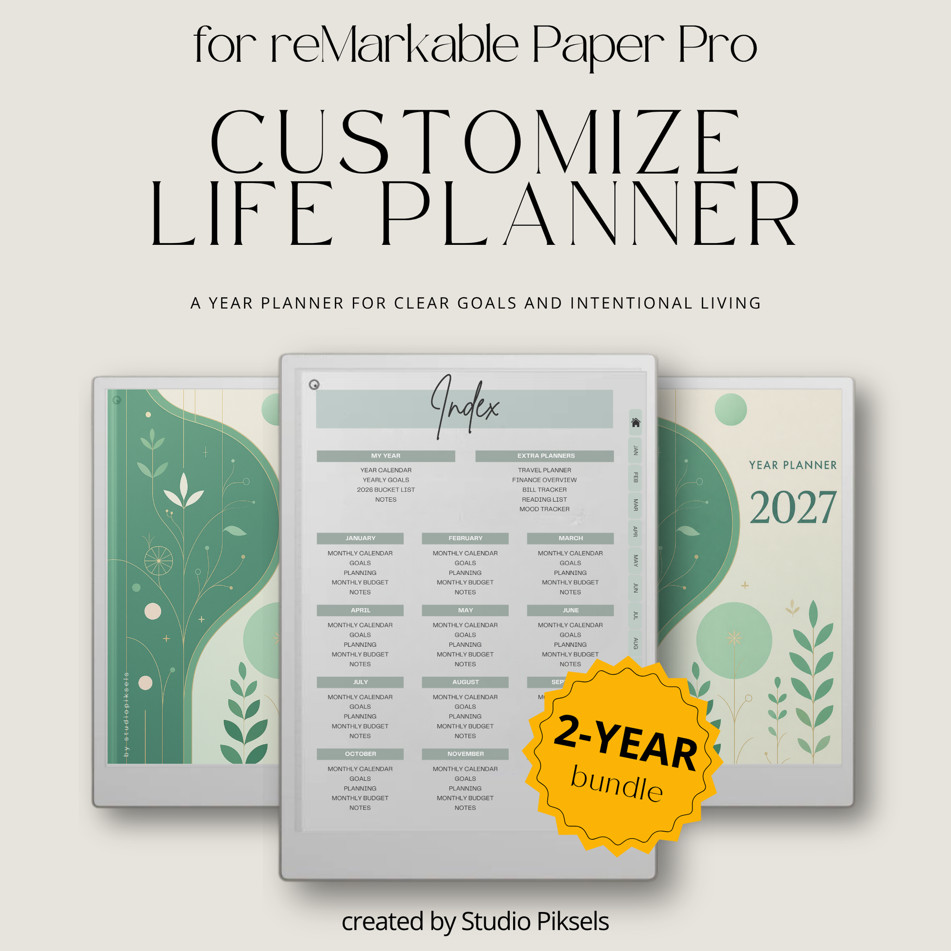 2026 + 2027 Ultimate Life Planner for reMarkable Paper Pro featuring hyperlinked yearly goals, monthly planning, budgeting, habit tracking, travel, and notes pages.
