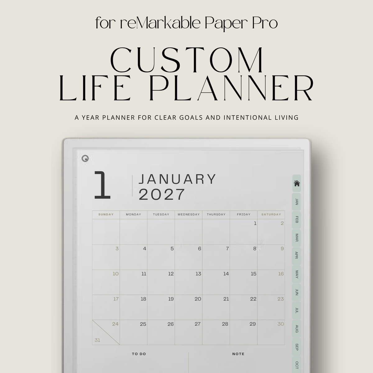 2026 + 2027 Ultimate Life Planner for reMarkable Paper Pro featuring hyperlinked yearly goals, monthly planning, budgeting, habit tracking, travel, and notes pages.