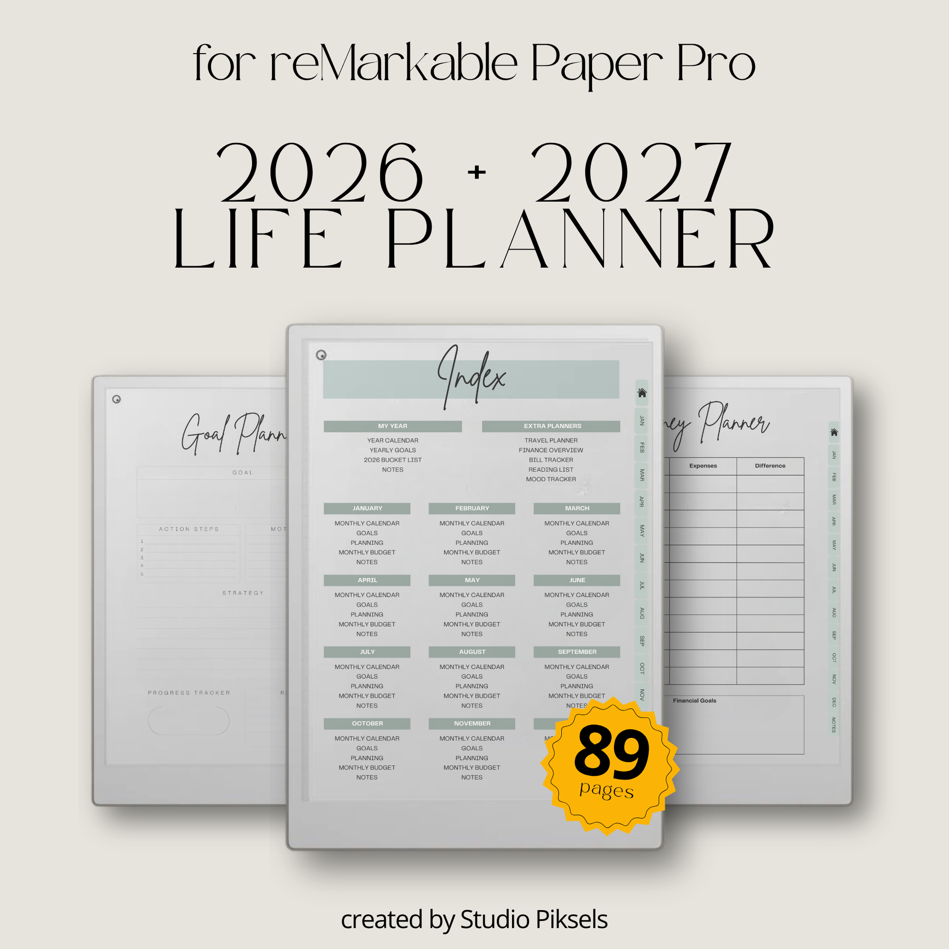 2026 + 2027 Ultimate Life Planner for reMarkable Paper Pro featuring hyperlinked yearly goals, monthly planning, budgeting, habit tracking, travel, and notes pages.
