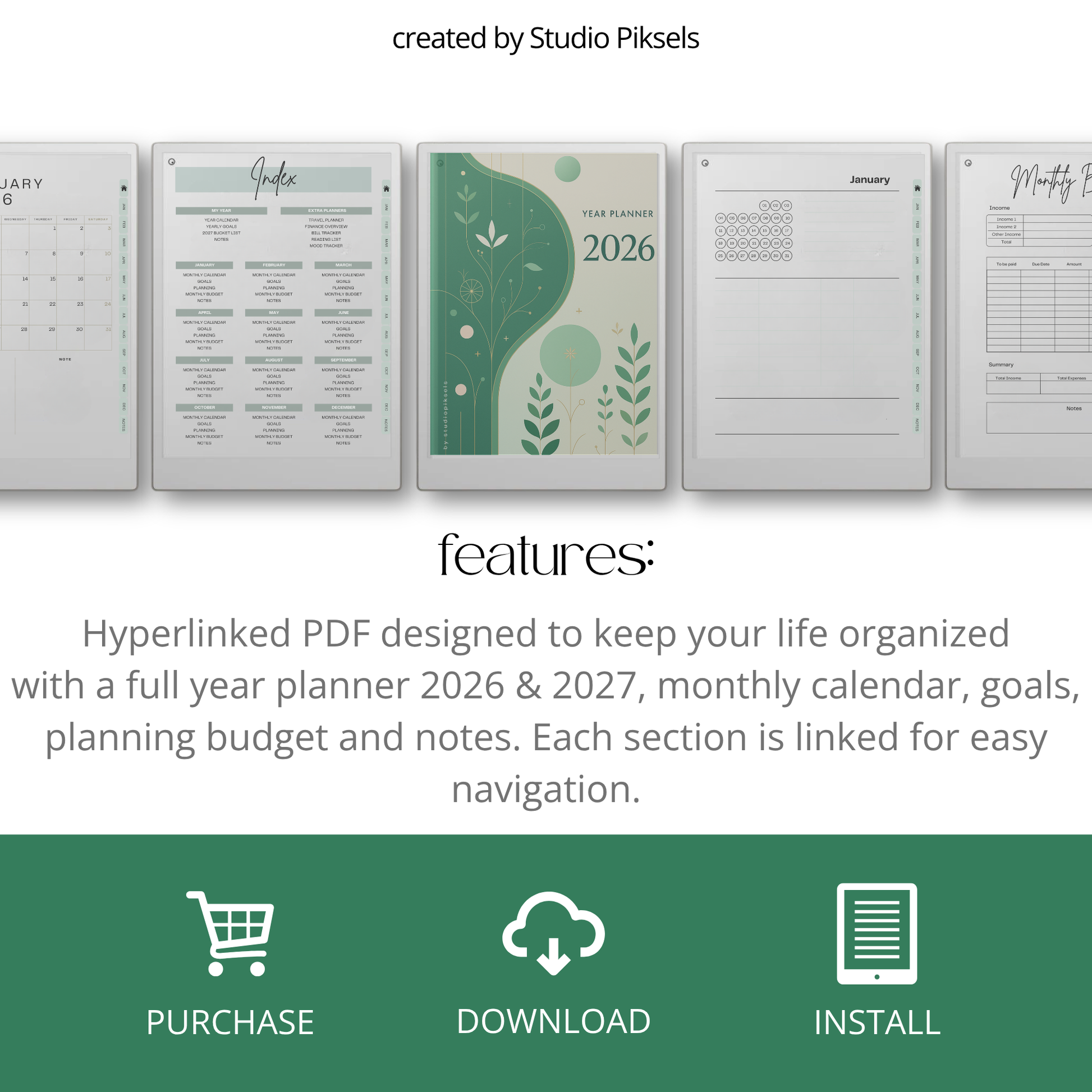 2026 + 2027 Ultimate Life Planner for reMarkable Paper Pro featuring hyperlinked yearly goals, monthly planning, budgeting, habit tracking, travel, and notes pages.