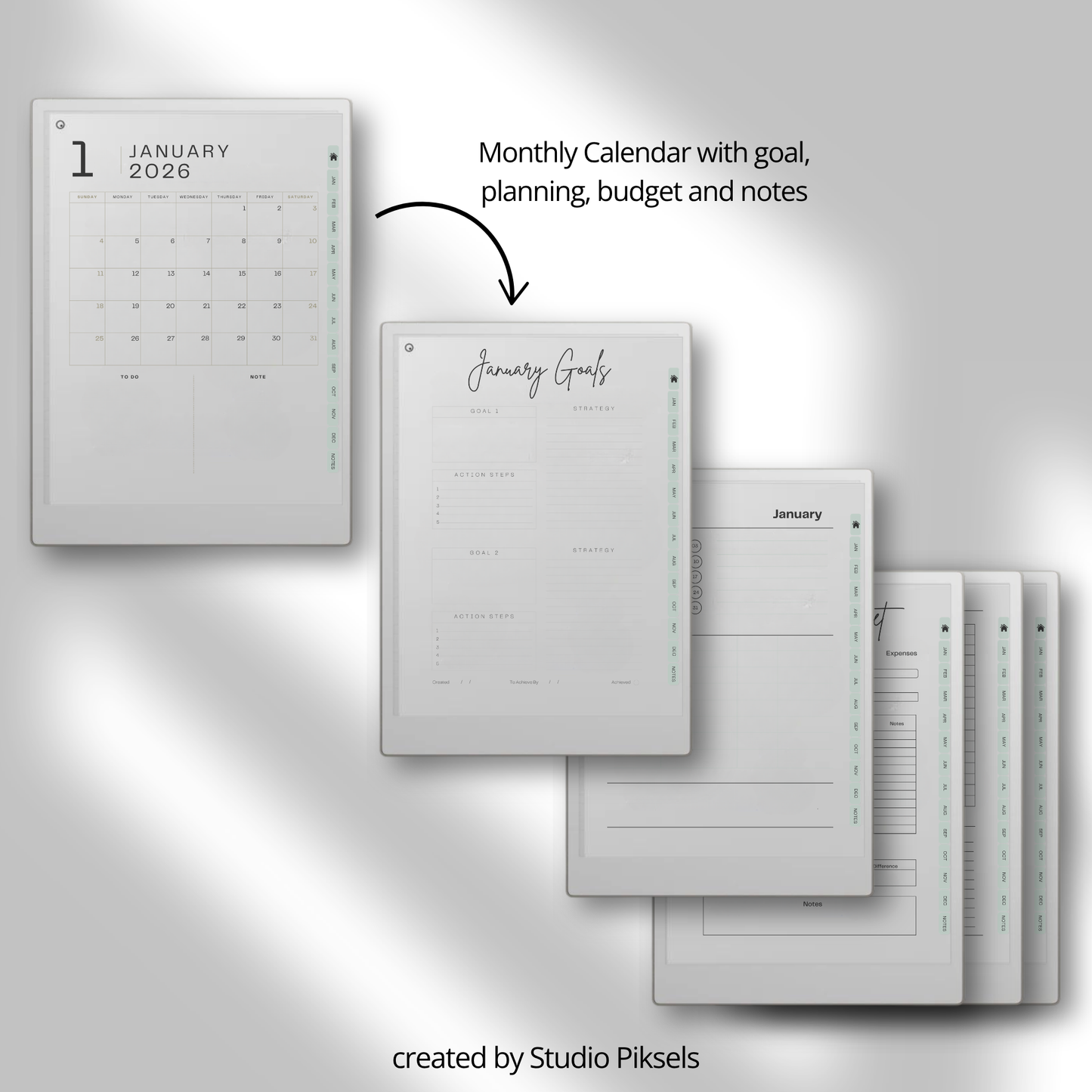 2026 + 2027 Ultimate Life Planner for reMarkable Paper Pro featuring hyperlinked yearly goals, monthly planning, budgeting, habit tracking, travel, and notes pages.