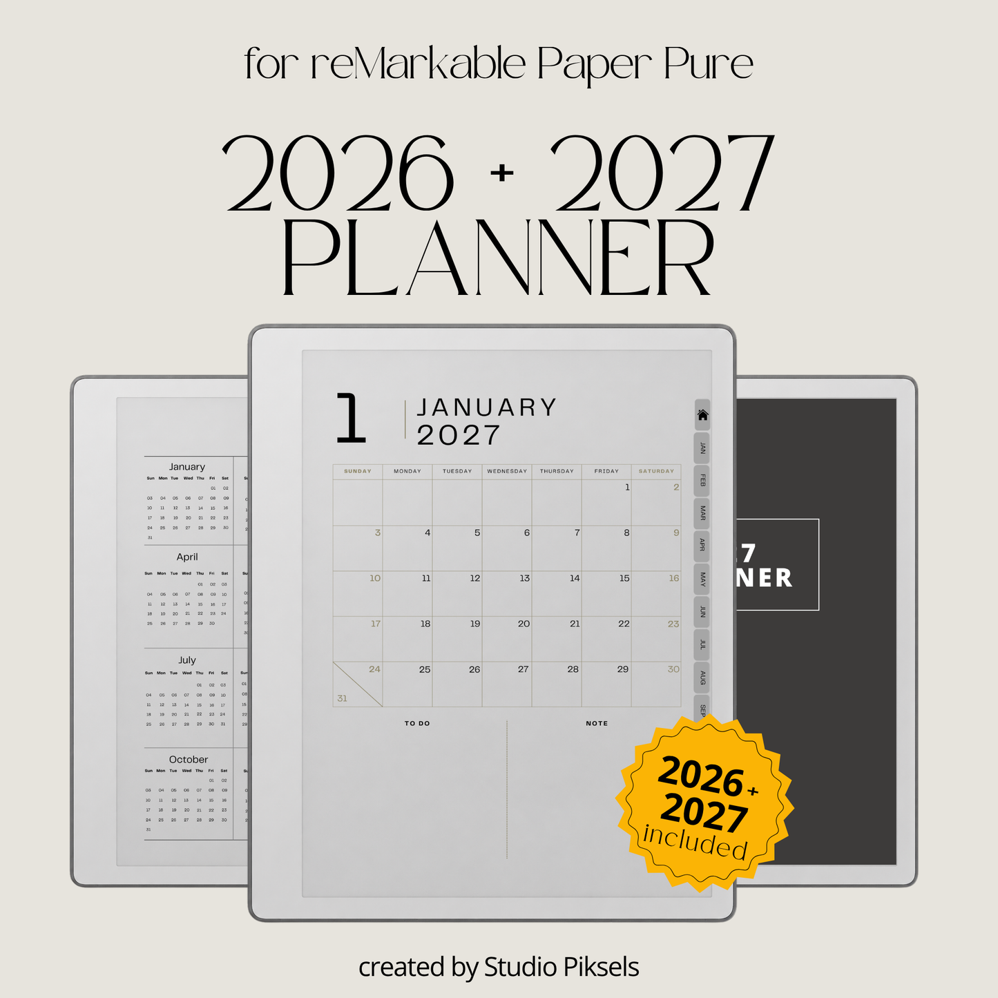 2026 + 2027 Ultimate Life Planner for reMarkable Paper Pure & reMarkable 2 featuring hyperlinked calendars, goal planning, budgeting, notes, and minimalist layouts.