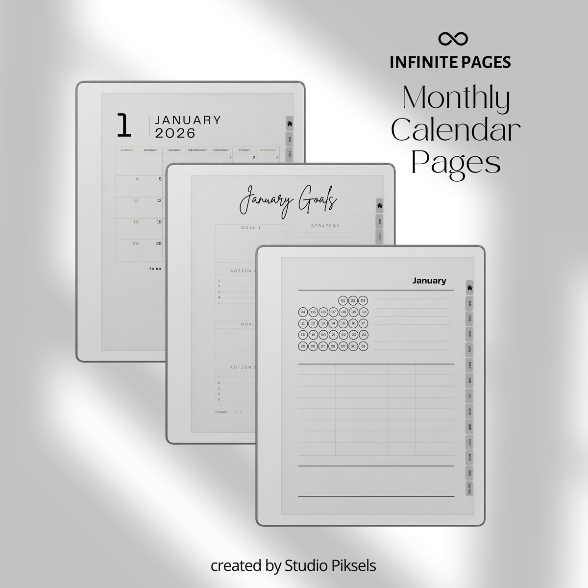 2026 + 2027 Ultimate Life Planner for reMarkable Paper Pure & reMarkable 2 featuring hyperlinked calendars, goal planning, budgeting, notes, and minimalist layouts.