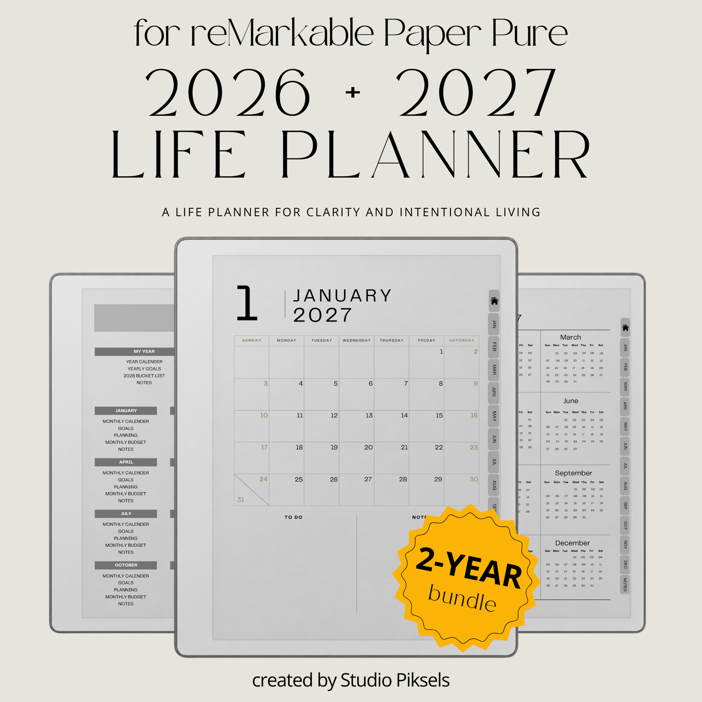 2026 + 2027 Ultimate Life Planner for reMarkable Paper Pure & reMarkable 2 featuring hyperlinked calendars, goal planning, budgeting, notes, and minimalist layouts.