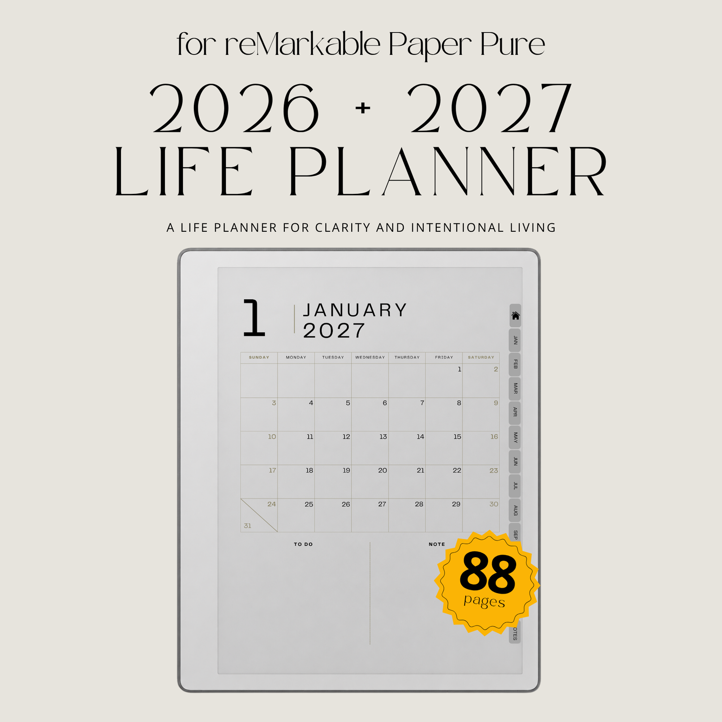 2026 + 2027 Ultimate Life Planner for reMarkable Paper Pure & reMarkable 2 featuring hyperlinked calendars, goal planning, budgeting, notes, and minimalist layouts.