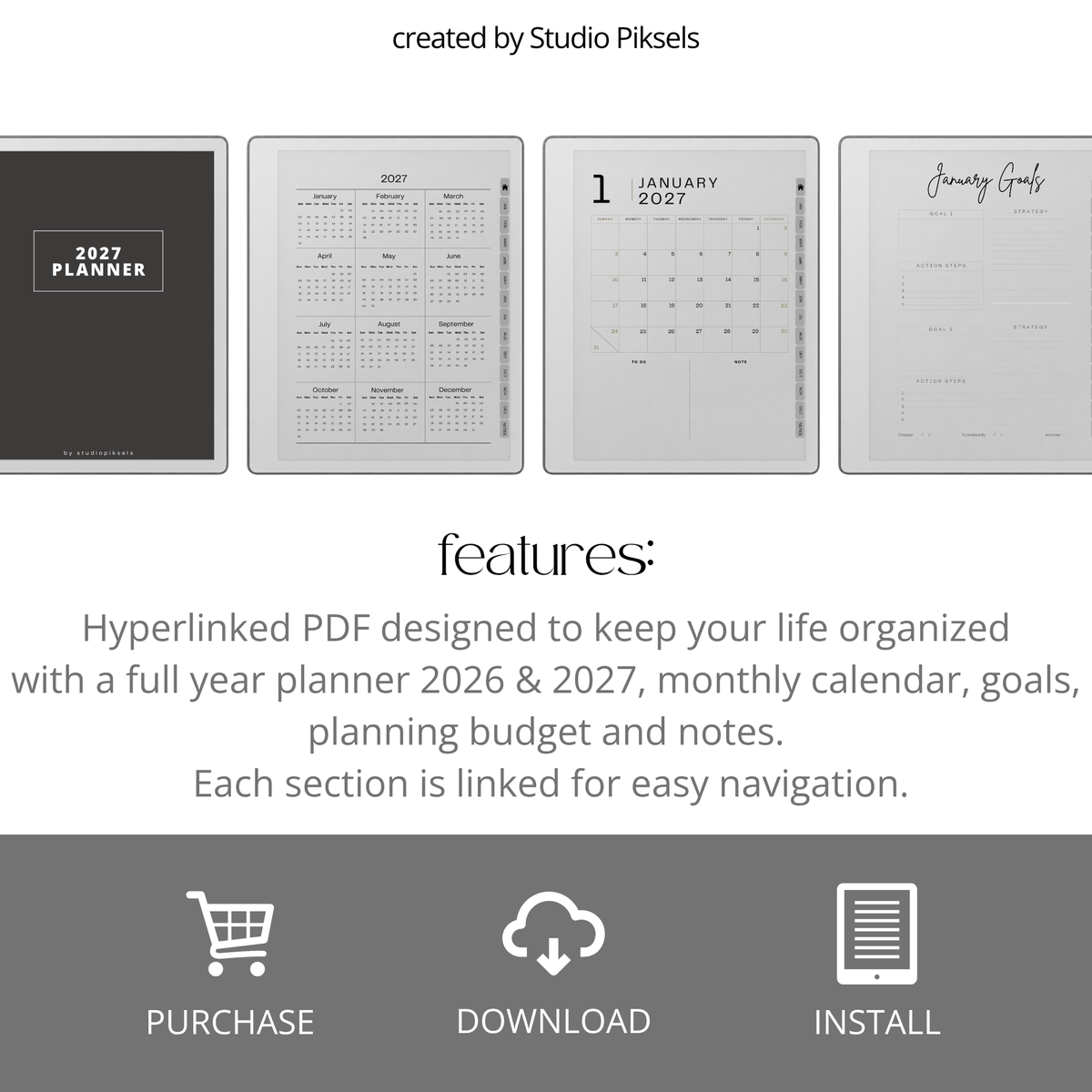 2026 + 2027 Ultimate Life Planner for reMarkable Paper Pure & reMarkable 2 featuring hyperlinked calendars, goal planning, budgeting, notes, and minimalist layouts.