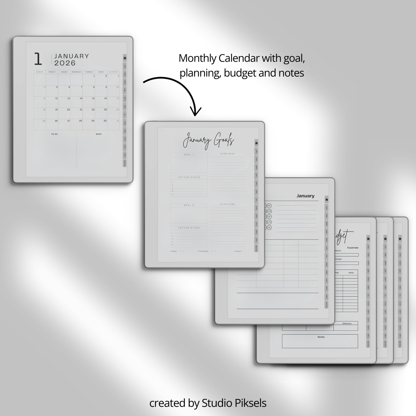 2026 + 2027 Ultimate Life Planner for reMarkable Paper Pure & reMarkable 2 featuring hyperlinked calendars, goal planning, budgeting, notes, and minimalist layouts.