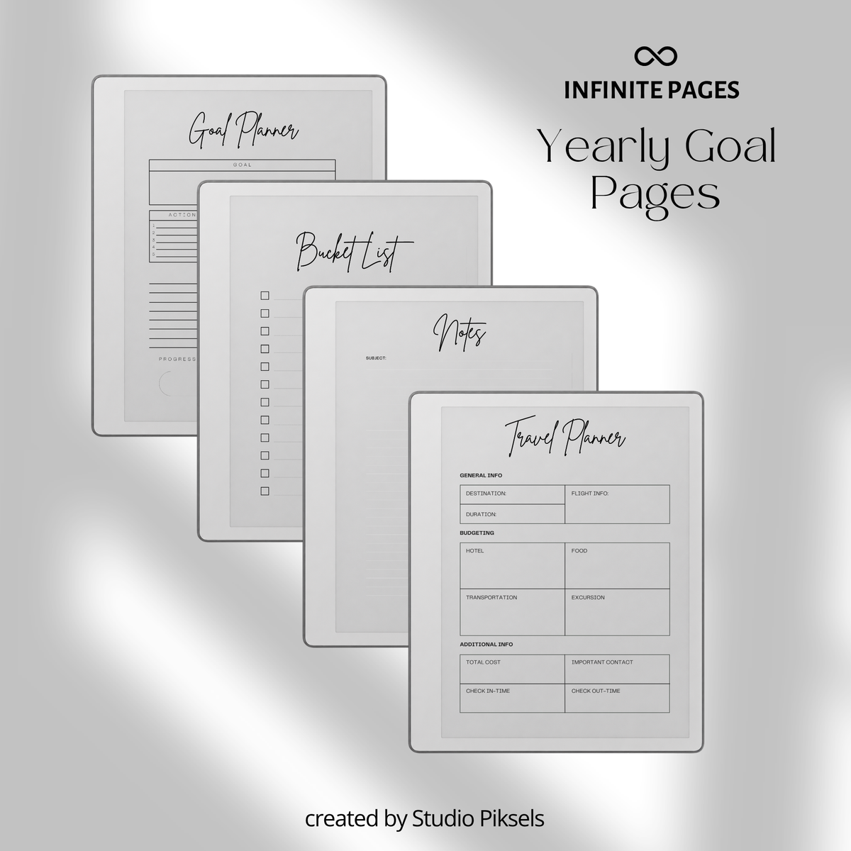 2026 + 2027 Ultimate Life Planner for reMarkable Paper Pure & reMarkable 2 featuring hyperlinked calendars, goal planning, budgeting, notes, and minimalist layouts.
