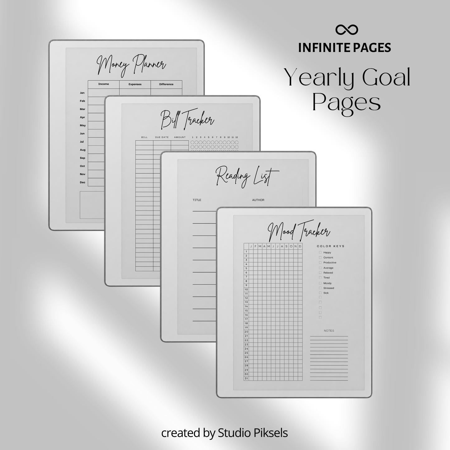 2026 + 2027 Ultimate Life Planner for reMarkable Paper Pure & reMarkable 2 featuring hyperlinked calendars, goal planning, budgeting, notes, and minimalist layouts.