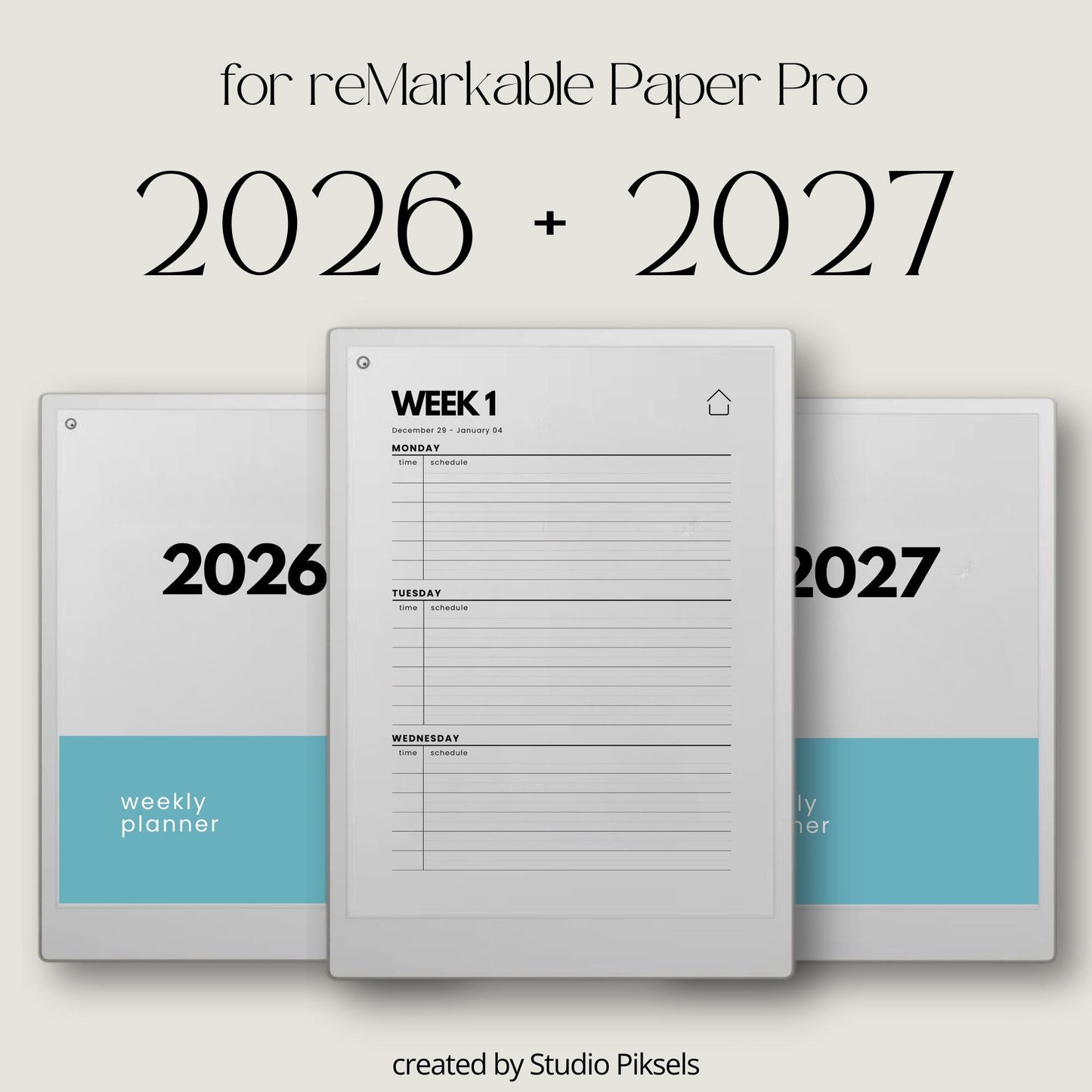 2026 2027 Weekly Planner for reMarkable Paper Pro featuring four hyperlinked digital PDF planners with quarterly and 52-week index versions, 53 dated weekly spreads per year, two-page Monday through Sunday weekly layouts, linked notes section, duplicate-ready note pages, and a flexible time blocking format.