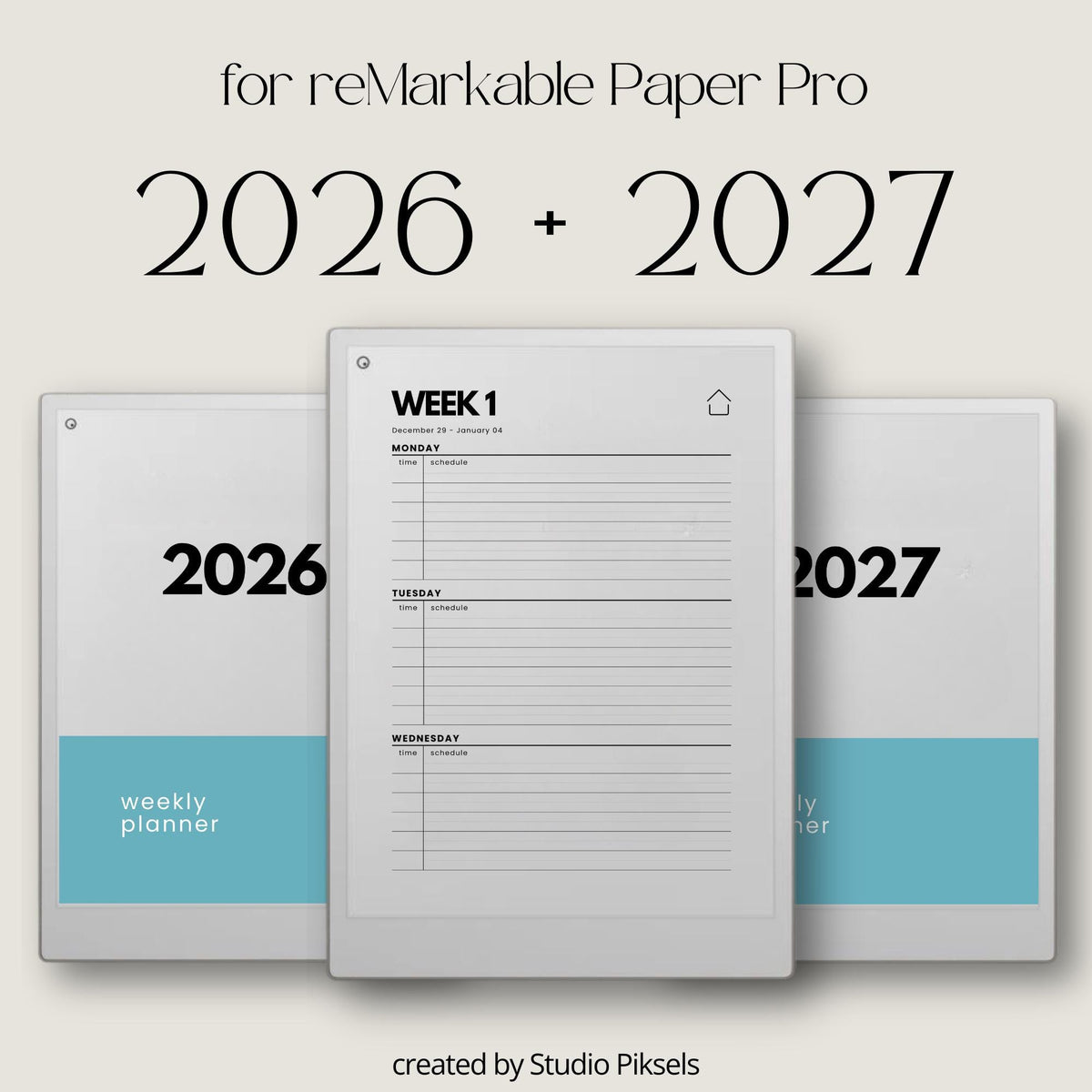 2026 2027 Weekly Planner for reMarkable Paper Pro featuring four hyperlinked digital PDF planners with quarterly and 52-week index versions, 53 dated weekly spreads per year, two-page Monday through Sunday weekly layouts, linked notes section, duplicate-ready note pages, and a flexible time blocking format.