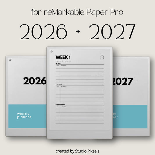 2026 2027 Weekly Planner for reMarkable Paper Pro featuring four hyperlinked digital PDF planners with quarterly and 52-week index versions, 53 dated weekly spreads per year, two-page Monday through Sunday weekly layouts, linked notes section, duplicate-ready note pages, and a flexible time blocking format.