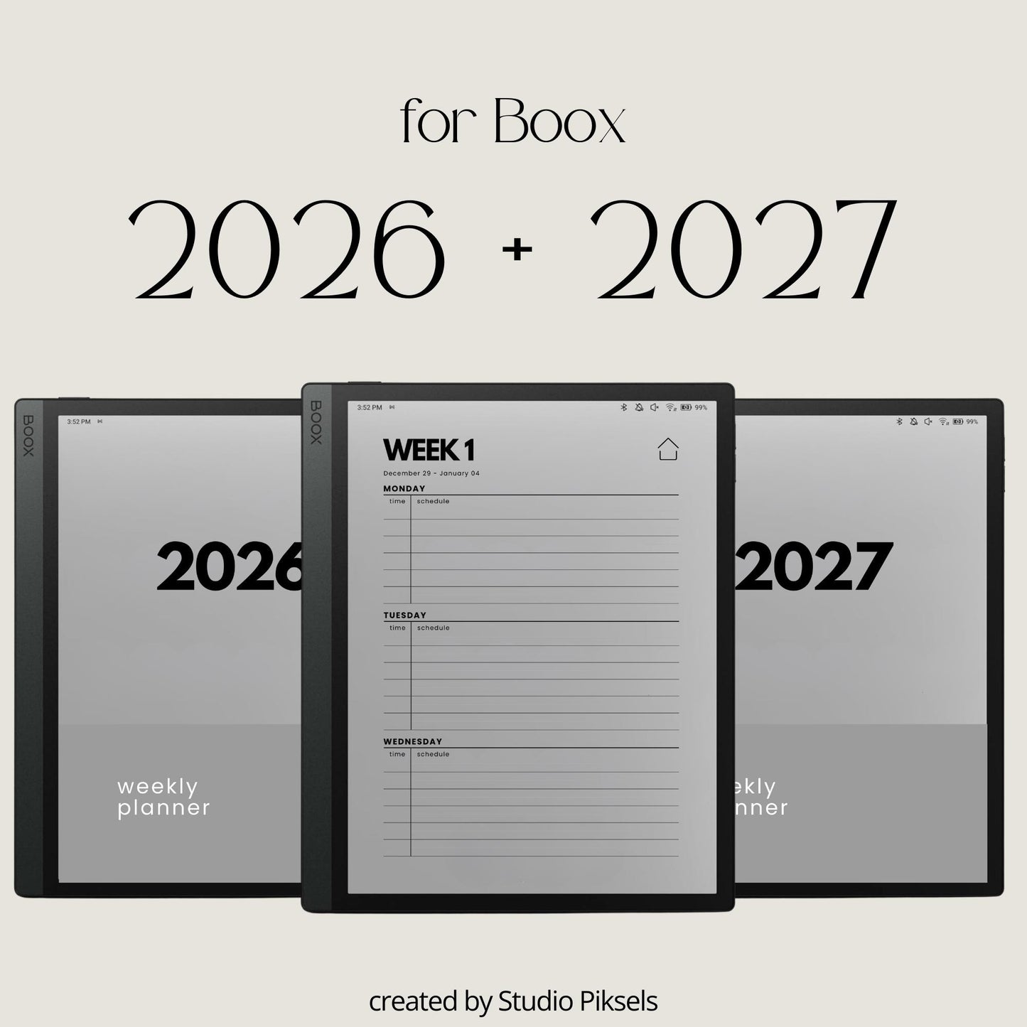 2-Year hyperlinked weekly planner bundle for BOOX devices featuring 2026 and 2027 digital planners with quarterly indexes, weekly navigation, and minimalist layouts.
