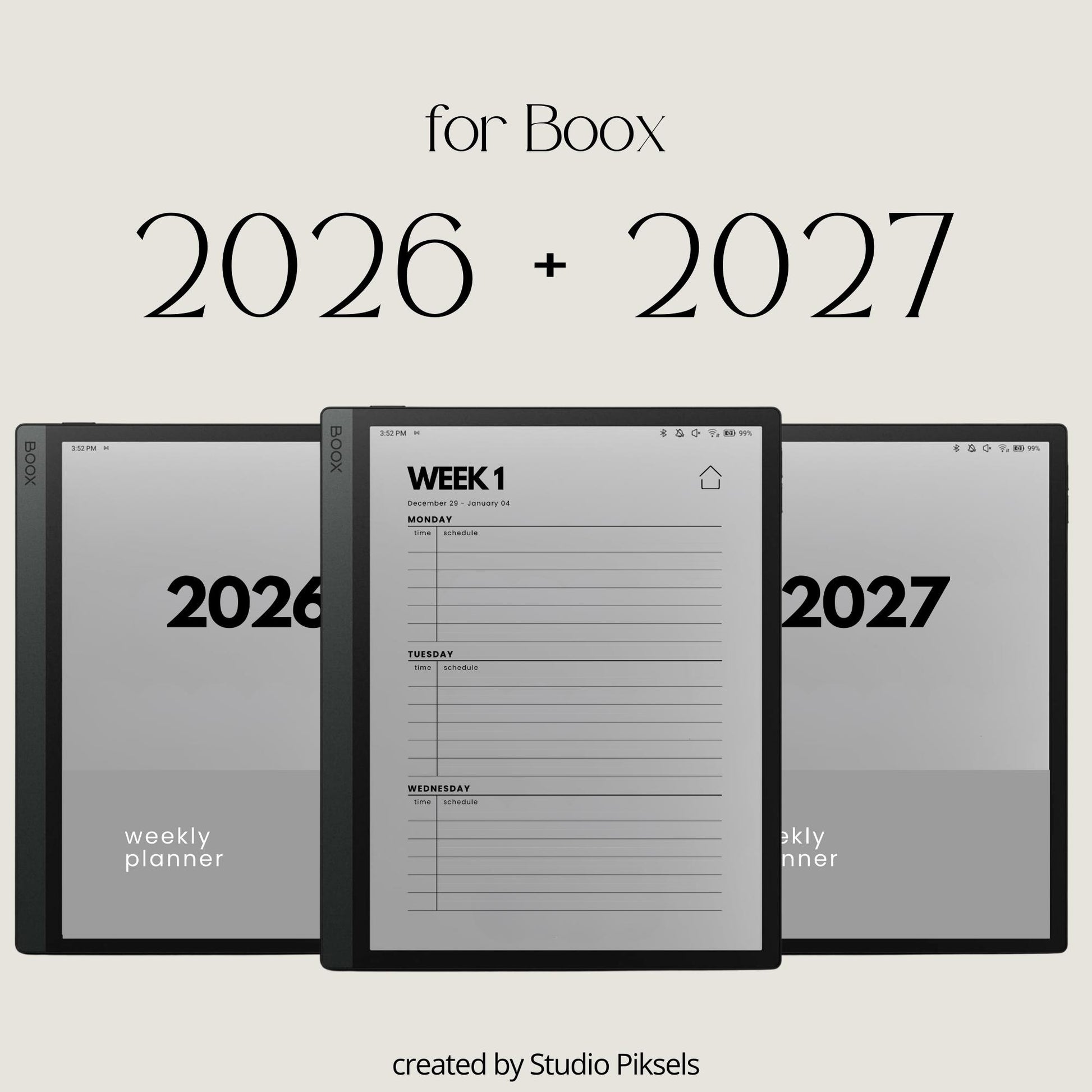 2-Year hyperlinked weekly planner bundle for BOOX devices featuring 2026 and 2027 digital planners with quarterly indexes, weekly navigation, and minimalist layouts.