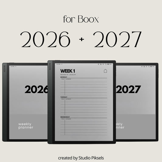2-Year hyperlinked weekly planner bundle for BOOX devices featuring 2026 and 2027 digital planners with quarterly indexes, weekly navigation, and minimalist layouts.