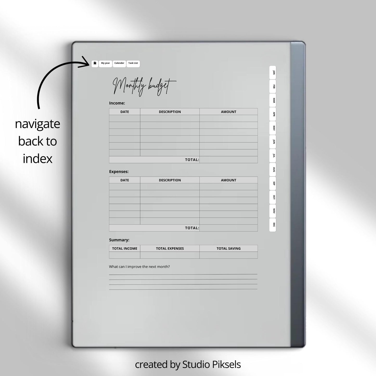 Plan yearly and monthly budgets using a hyperlinked budget planner on reMarkable 2.