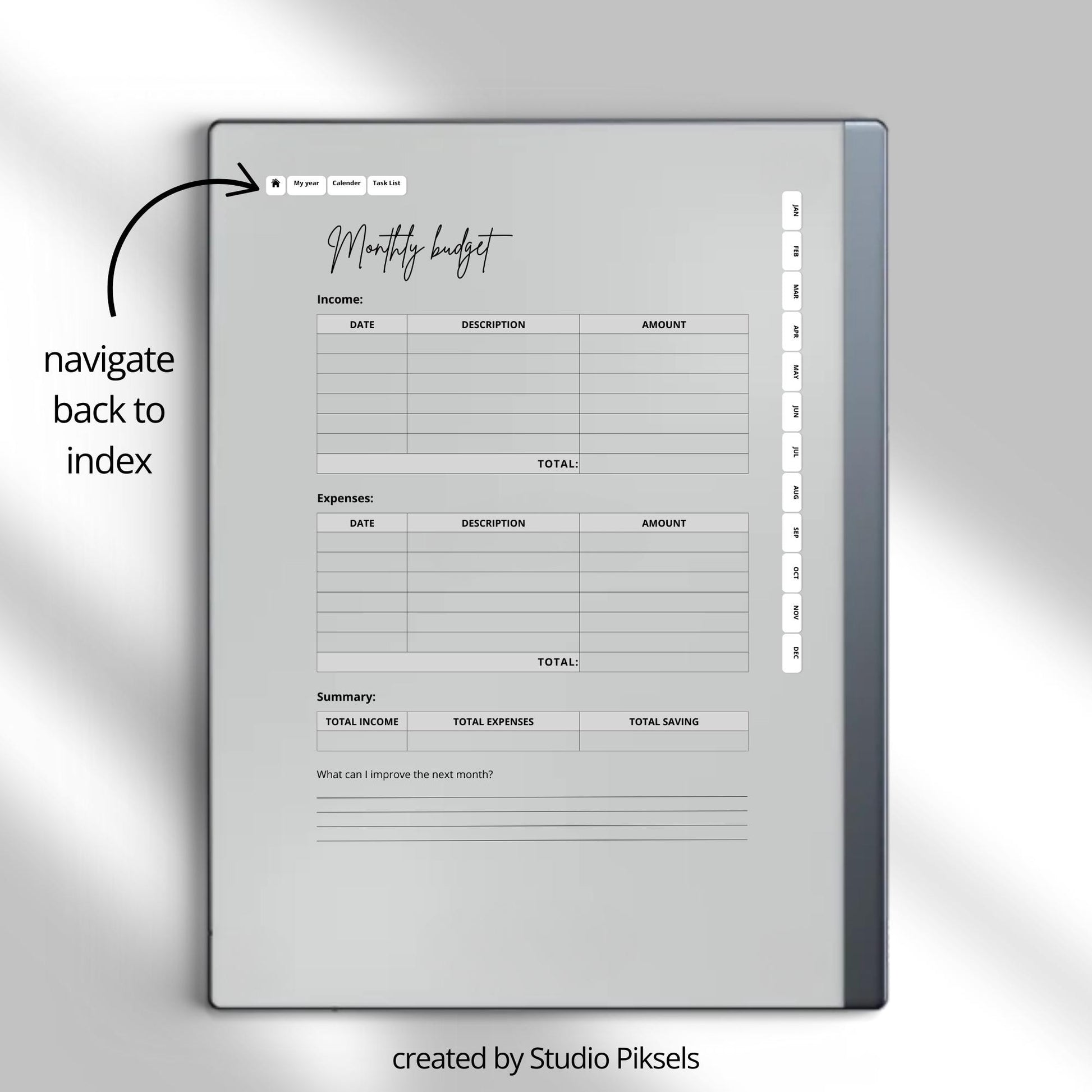 Plan yearly and monthly budgets using a hyperlinked budget planner on reMarkable 2.