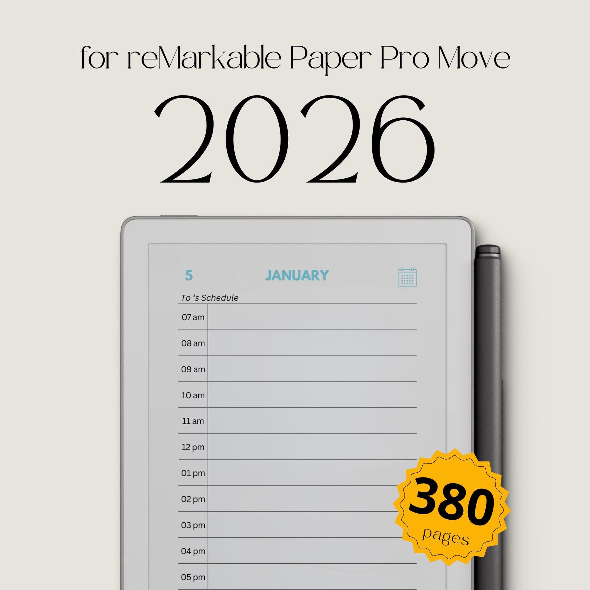 2026 hyperlinked planner for reMarkable Paper Pro Move with yearly overview, monthly calendars, and daily hourly pages for structured planning.