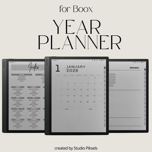 Hyperlinked 2026 Planner for BOOX tablets featuring monthly calendars, goal planning pages, budget trackers, mood tracking, and productivity tools.