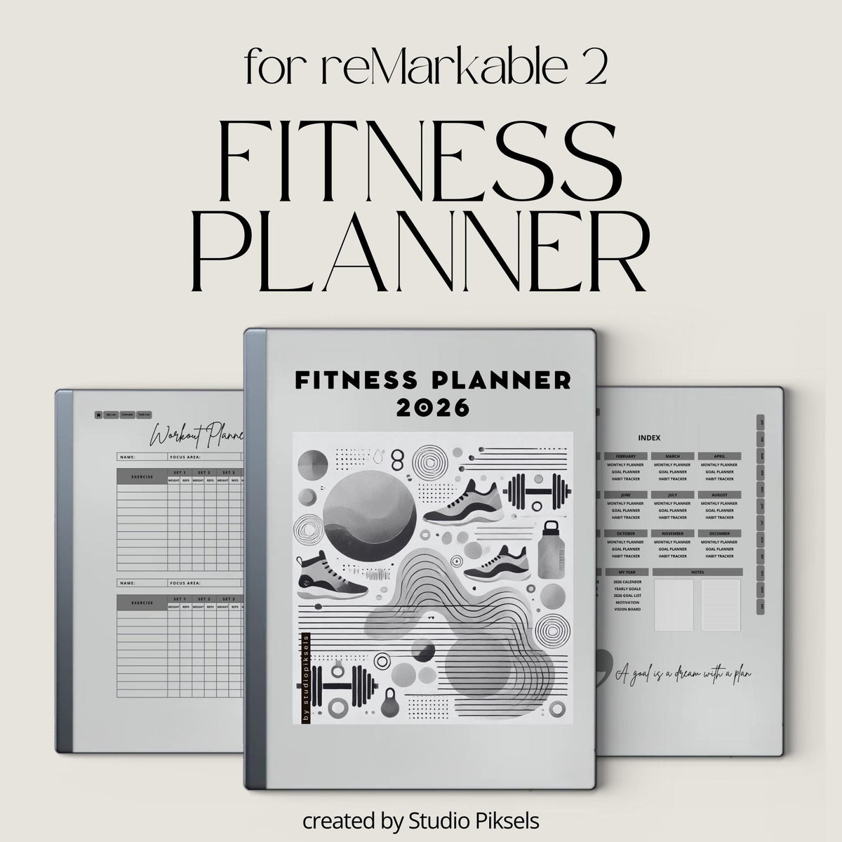 2026 Fitness Planner for Kindle Scribe with workout tracking pages, habit trackers, goal-setting layouts, and hyperlinked navigation.