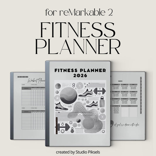 2026 Fitness Planner for Kindle Scribe with workout tracking pages, habit trackers, goal-setting layouts, and hyperlinked navigation.