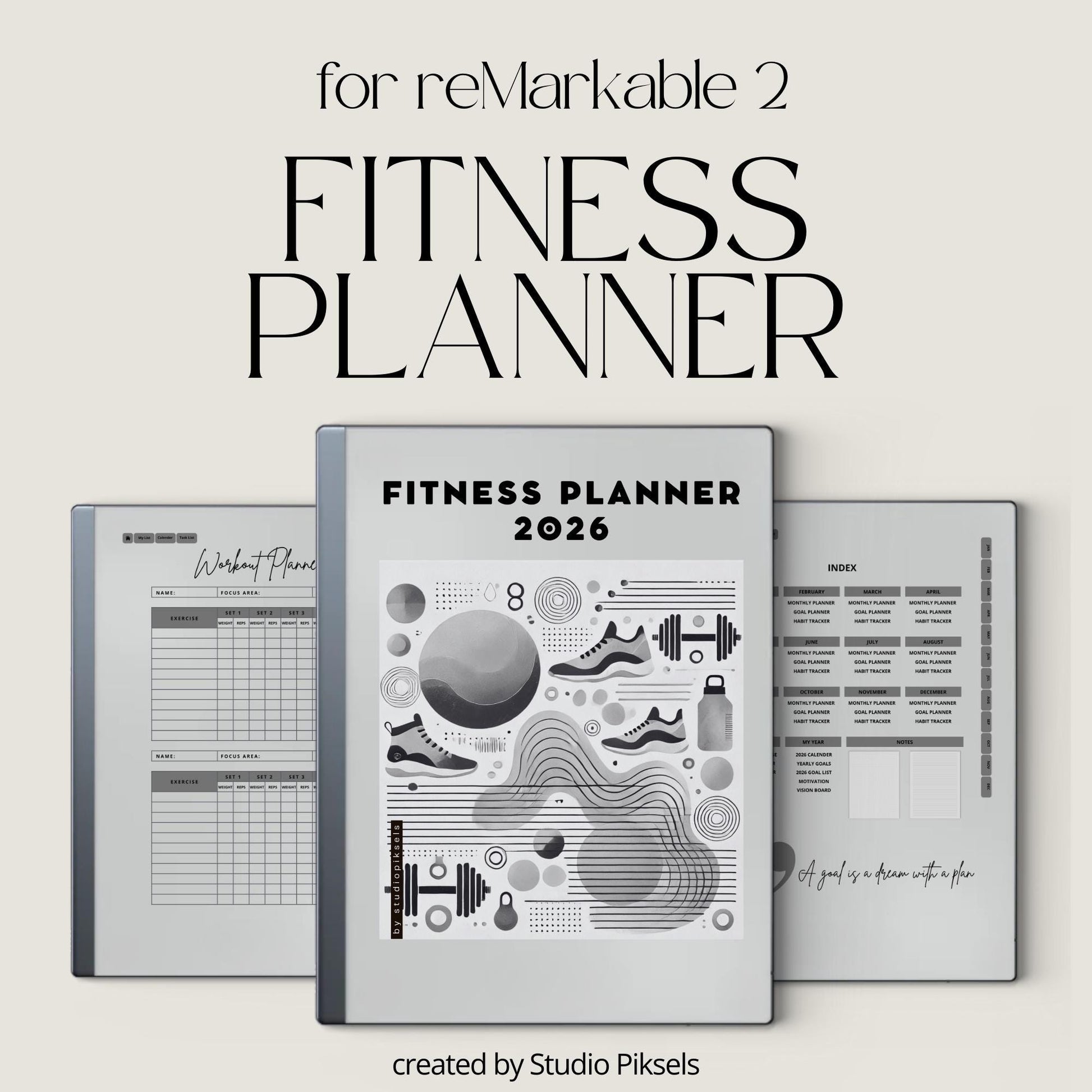 2026 Habit Tracker PDF for reMarkable 2 and Paper Pure with grayscale habit tracking pages, goal planners, and hyperlinked productivity layouts.