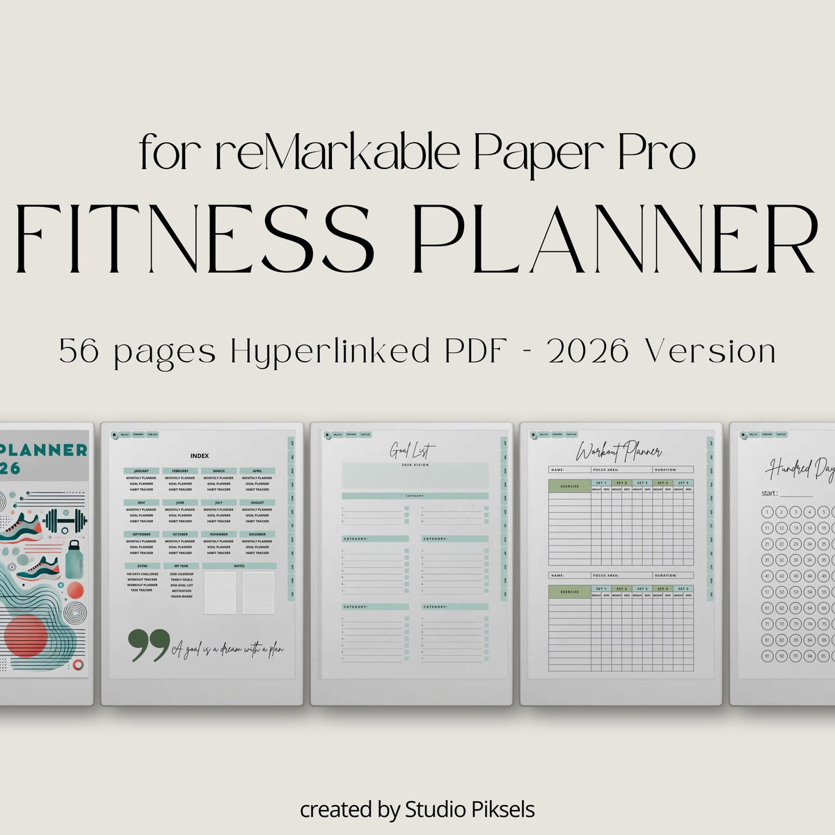 This planner for reMarkable Paper Pro combines monthly planning, workout tracking, and habit monitoring in a clean digital layout. It is built to support long-term fitness routines with simple navigation and structured pages.