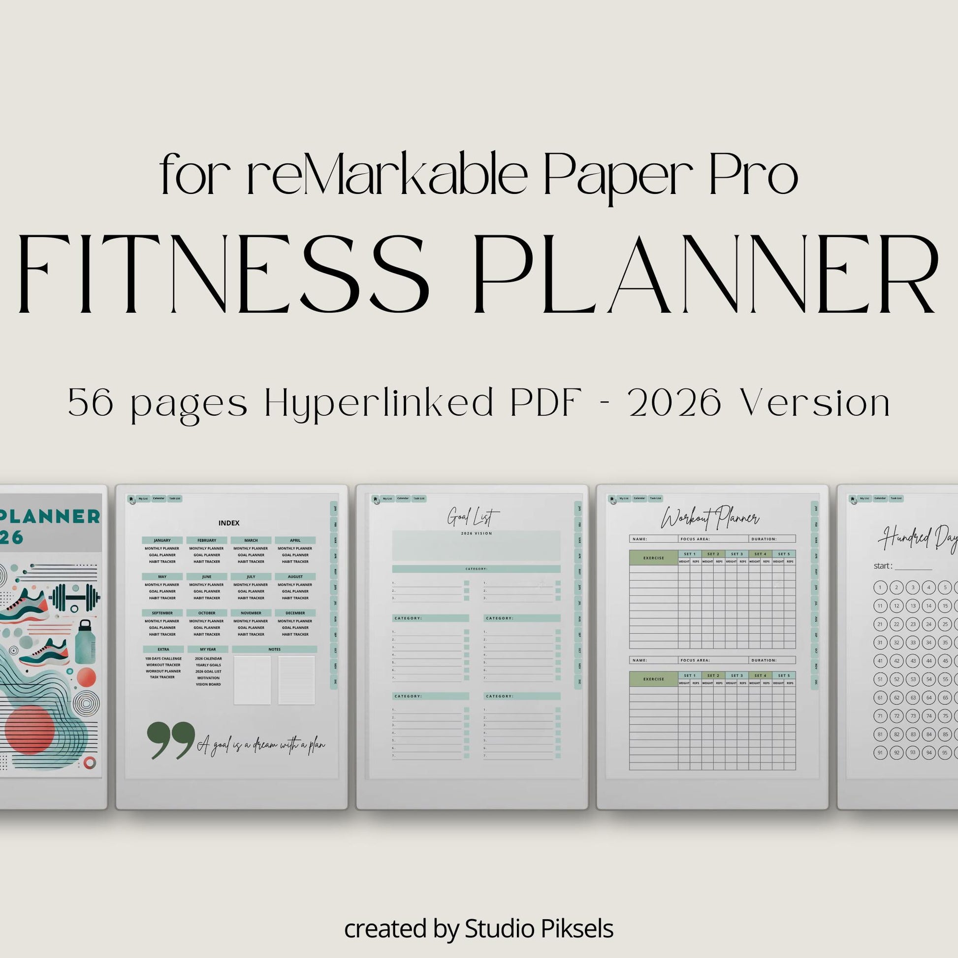 This planner for reMarkable Paper Pro combines monthly planning, workout tracking, and habit monitoring in a clean digital layout. It is built to support long-term fitness routines with simple navigation and structured pages.