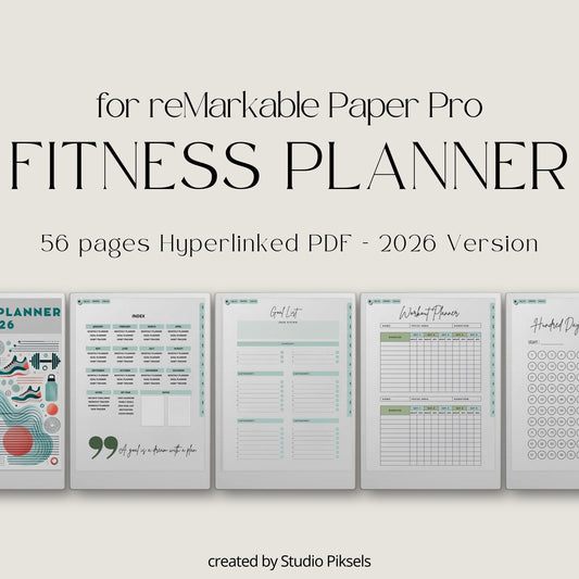This planner for reMarkable Paper Pro combines monthly planning, workout tracking, and habit monitoring in a clean digital layout. It is built to support long-term fitness routines with simple navigation and structured pages.