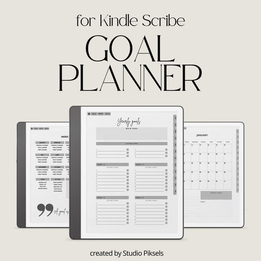 2026 Goal Planner for Kindle Scribe with hyperlinked planning pages, habit trackers, vision board layouts, and productivity templates.