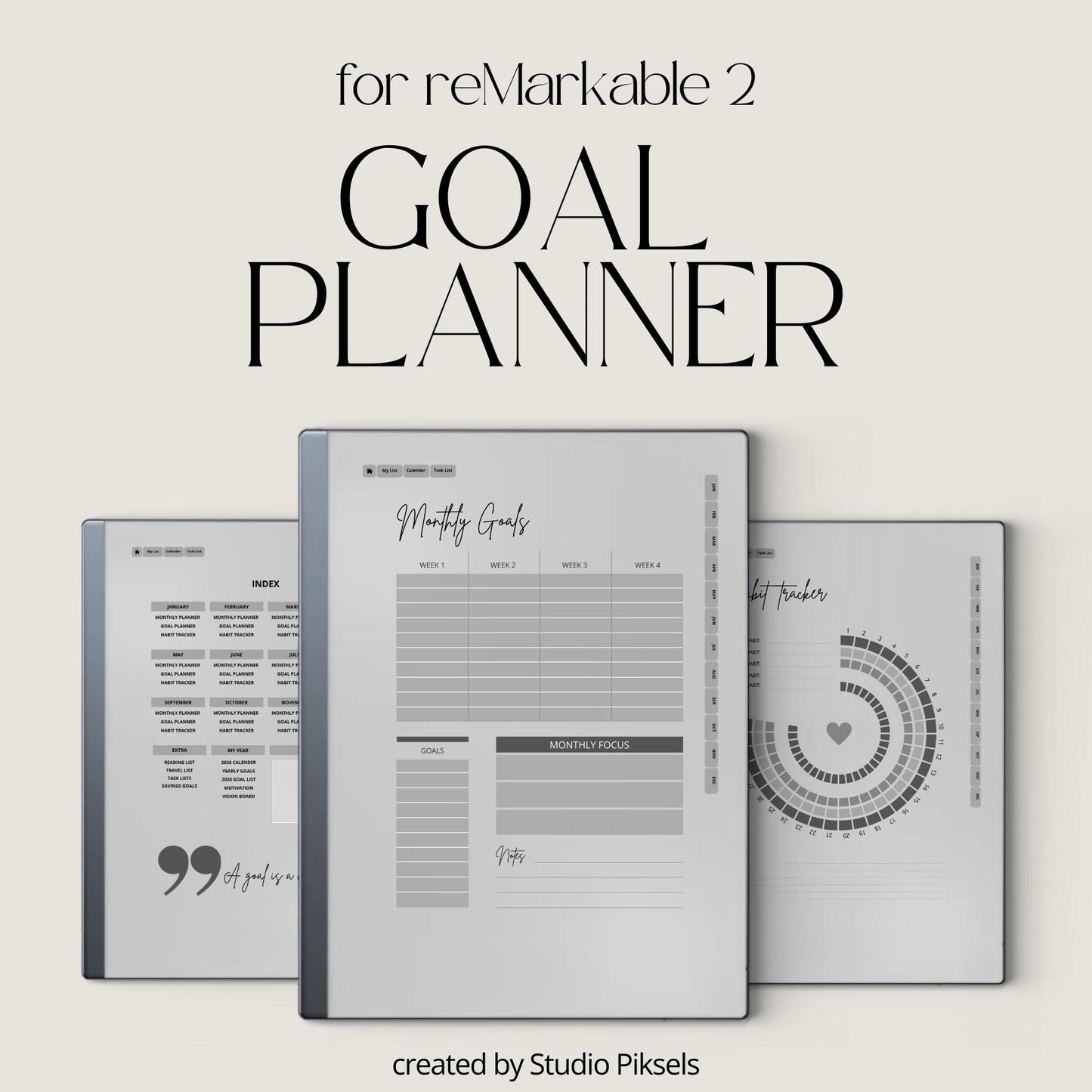 2026 digital goal planner for reMarkable 1 and 2 with habit trackers, monthly planning pages, and hyperlinked navigation