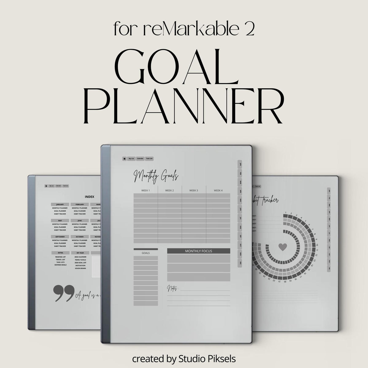 2026 digital goal planner for reMarkable 1 and 2 with habit trackers, monthly planning pages, and hyperlinked navigation