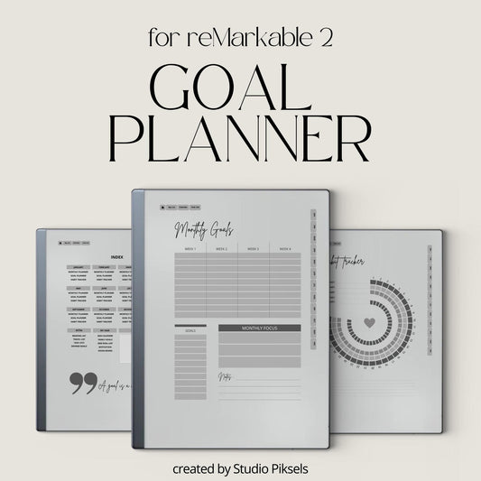 2026 digital goal planner for reMarkable 1 and 2 with habit trackers, monthly planning pages, and hyperlinked navigation
