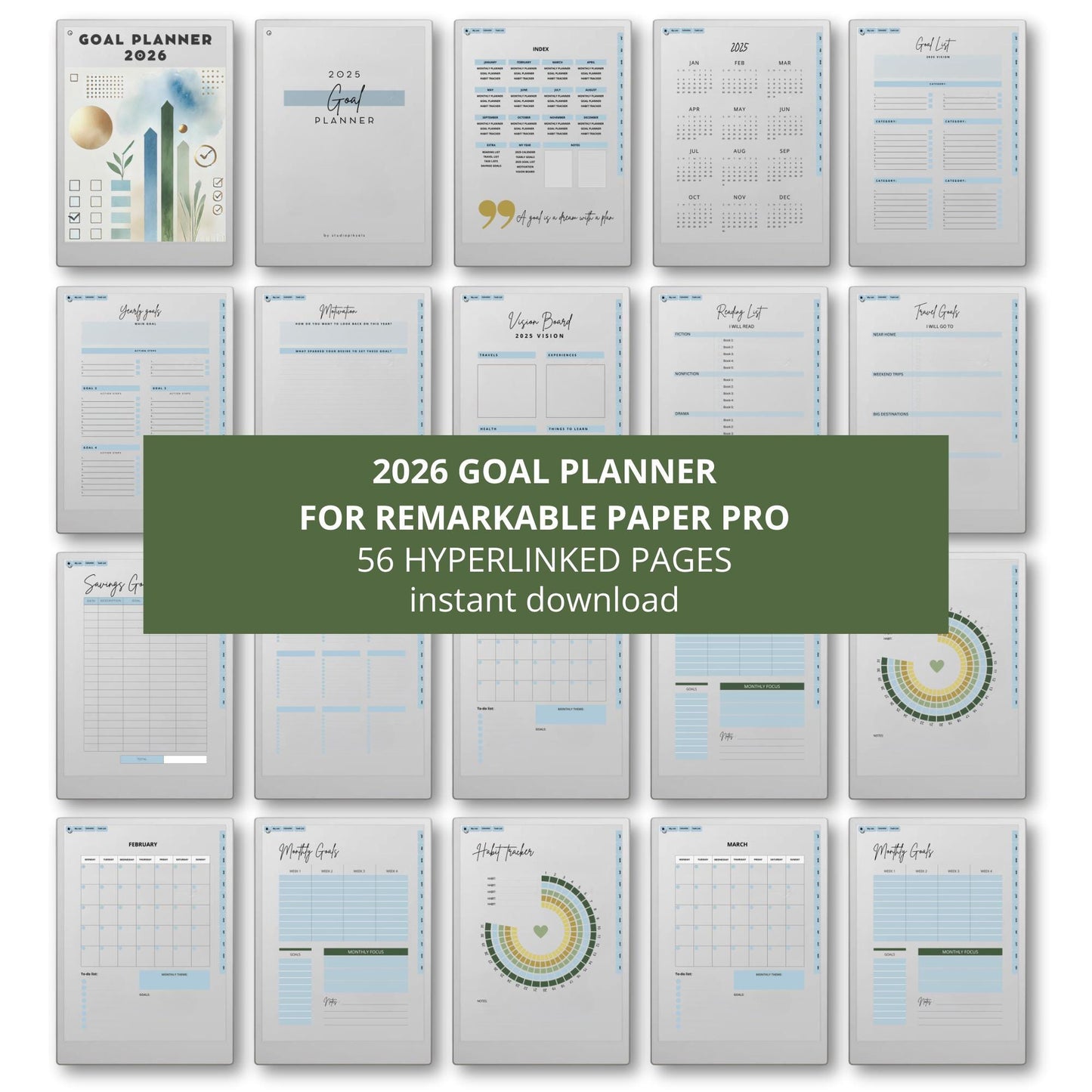 Set yearly goals and action steps using a hyperlinked goal planner on reMarkable Paper Pro.