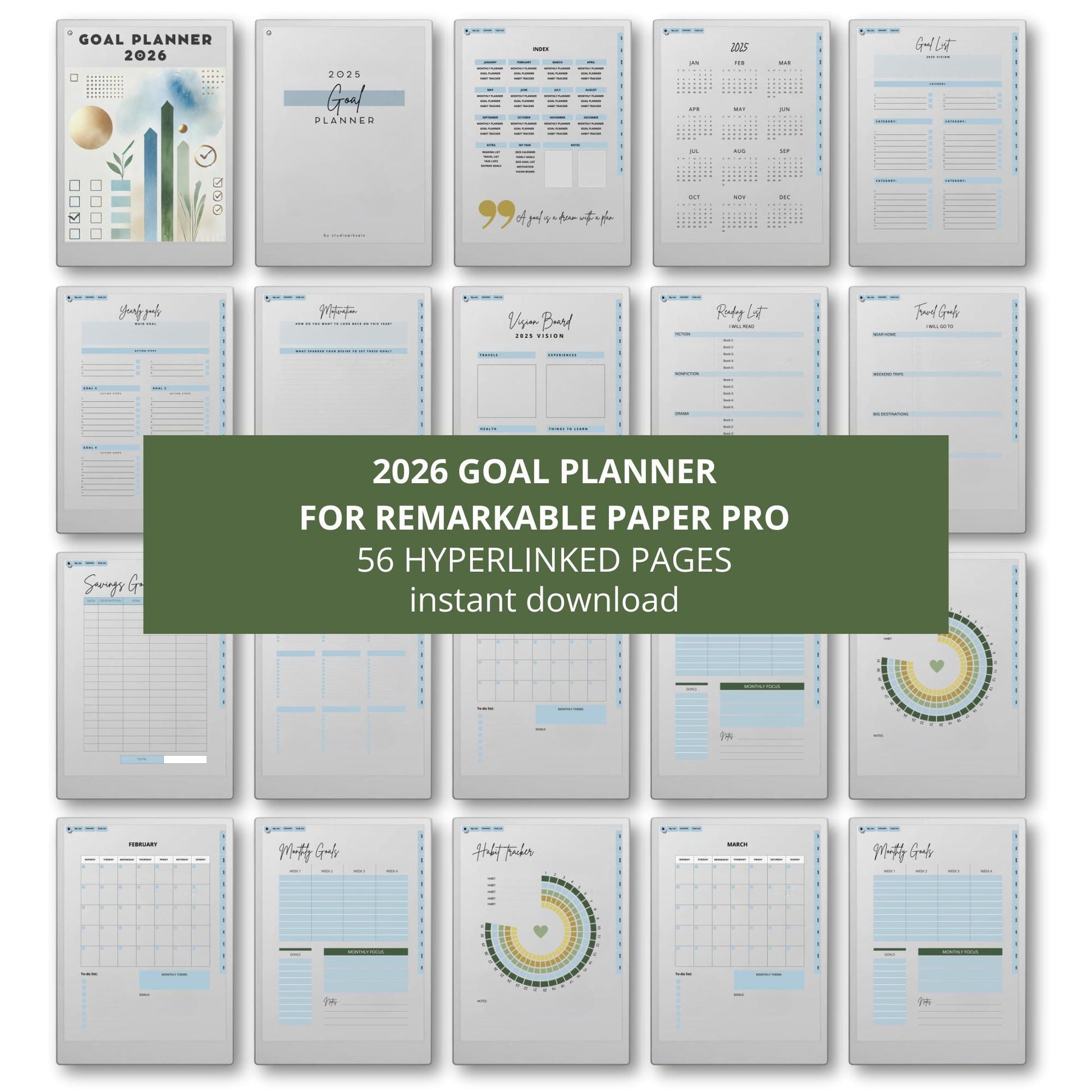 Set yearly goals and action steps using a hyperlinked goal planner on reMarkable Paper Pro.