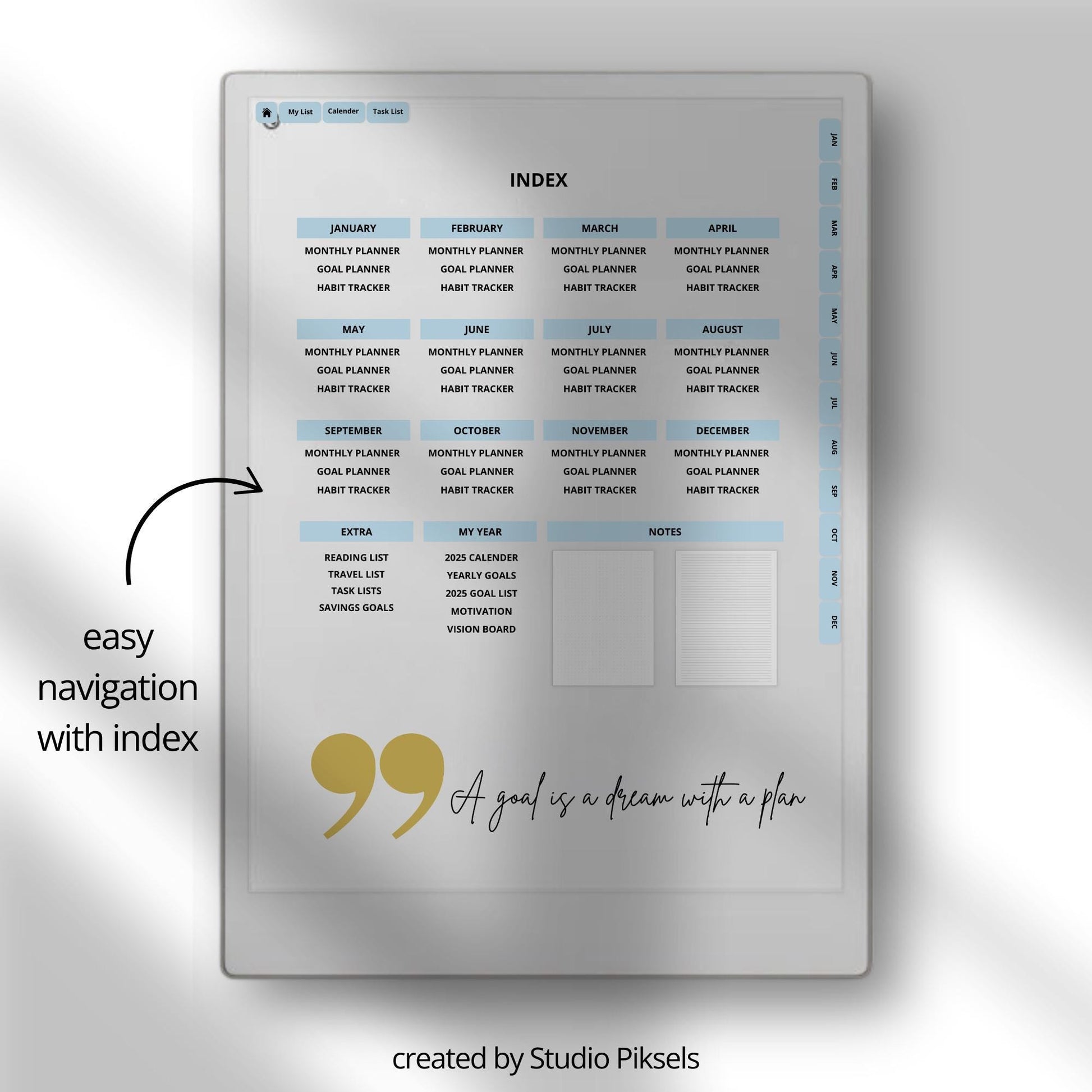 Set yearly goals and action steps using a hyperlinked goal planner on reMarkable Paper Pro.