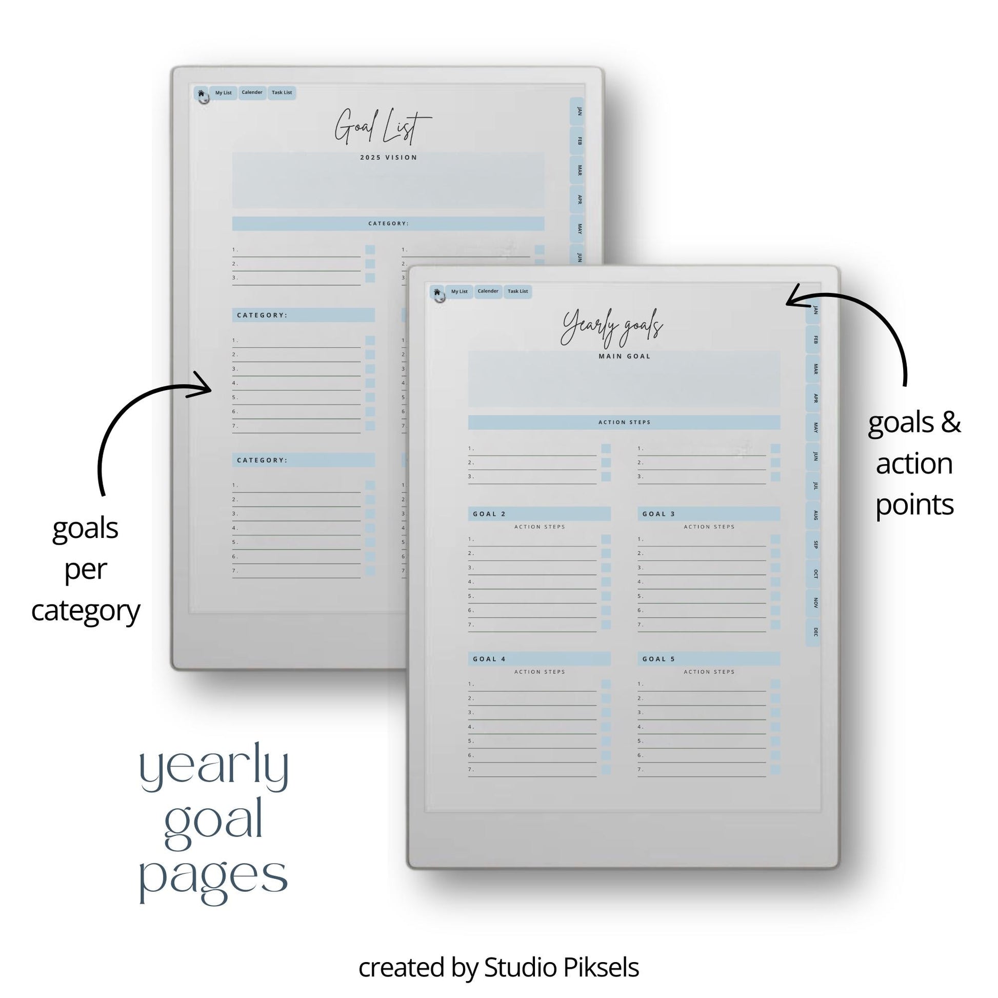 Set yearly goals and action steps using a hyperlinked goal planner on reMarkable Paper Pro.