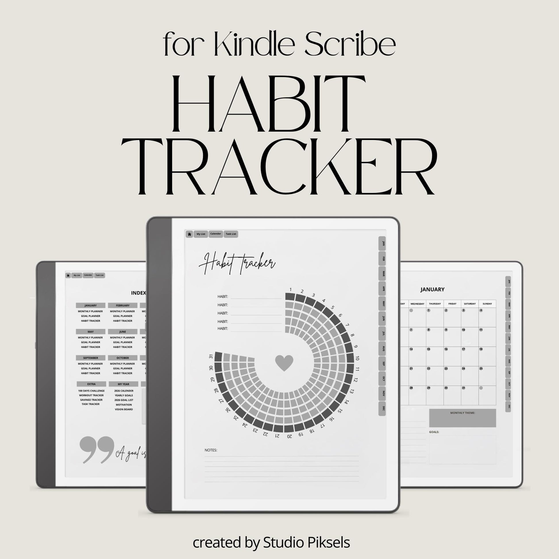 2026 Habit Tracker for Kindle Scribe with monthly planning pages, visual habit trackers, productivity layouts, and goal-setting templates.
