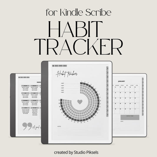 2026 Habit Tracker for Kindle Scribe with monthly planning pages, visual habit trackers, productivity layouts, and goal-setting templates.