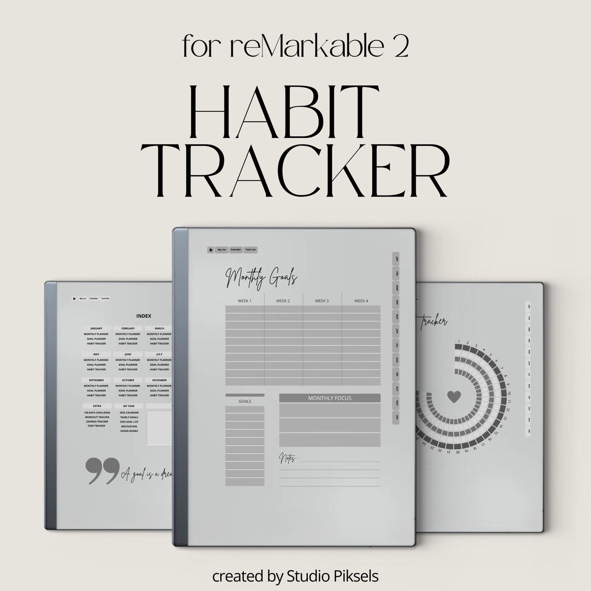 2026 Habit Tracker PDF for reMarkable 2 and Paper Pure with grayscale habit tracking pages, goal planners, and hyperlinked productivity layouts.